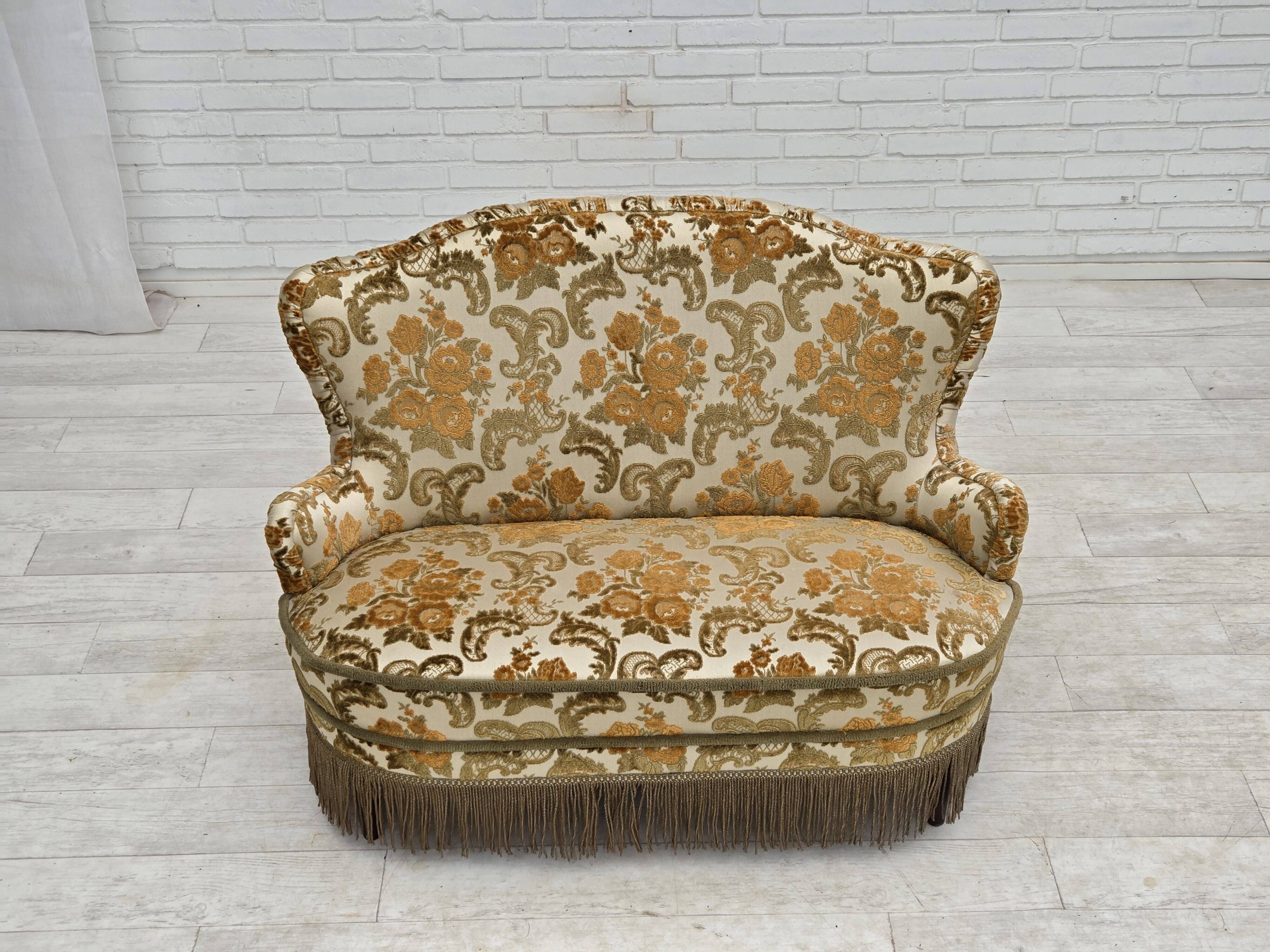 1970s, small 2-seater Danish sofa, brown/beige furniture fabric.