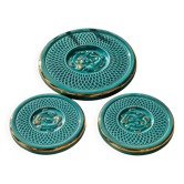 3 dessous-de-plat vintage en céramique turquoise à décor de poissons