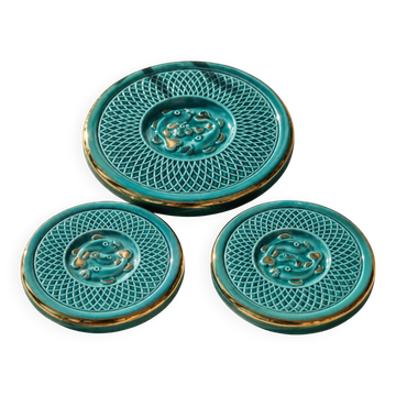 3 vintage turquoise ceramic trivets with fish design