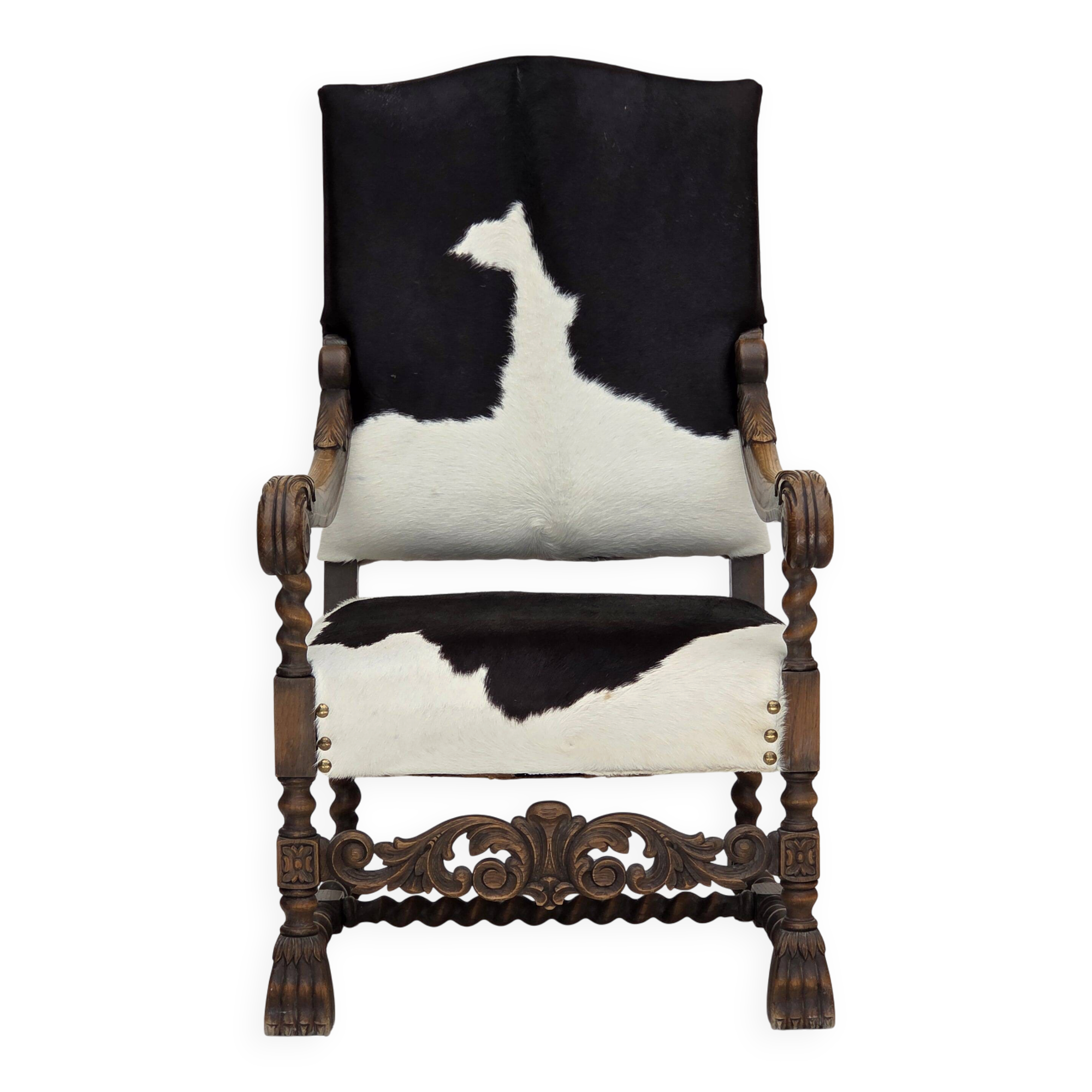 1950s, Danish highback armchair, genuine cowhide, oak wood.