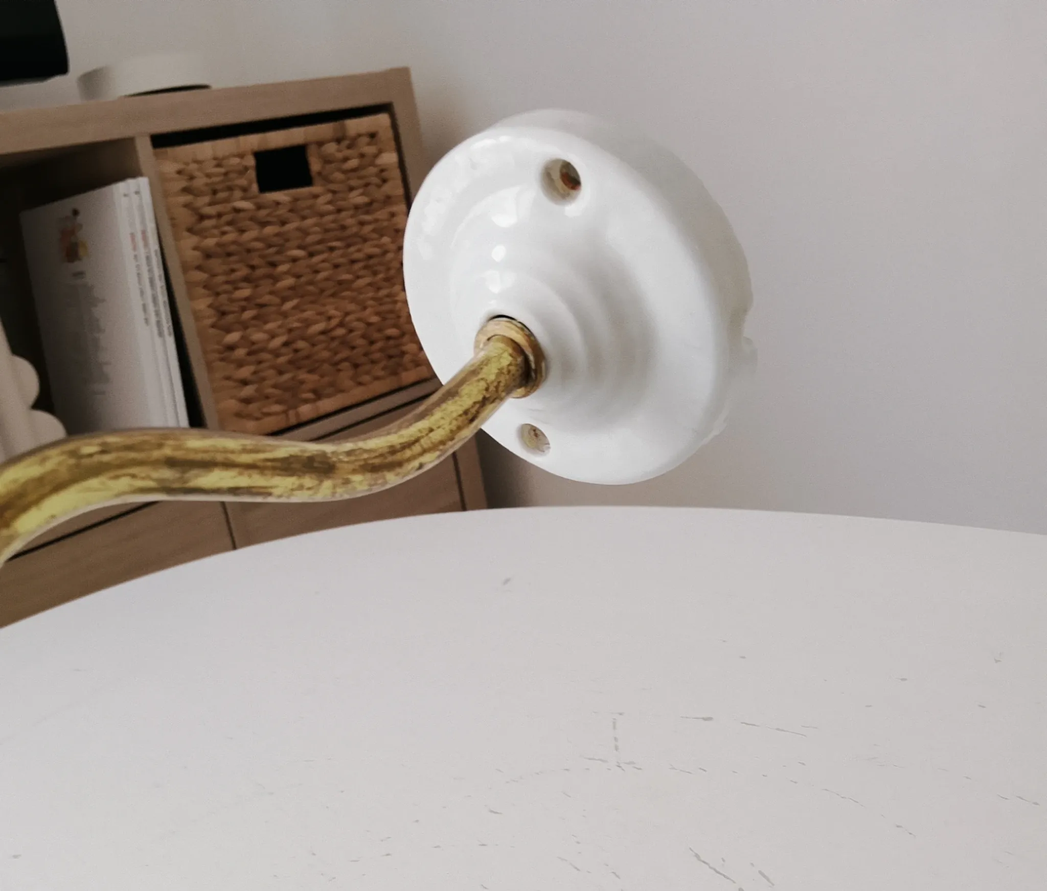Antique wall light with a swan neck in enamelled metal, porcelain, and brass.