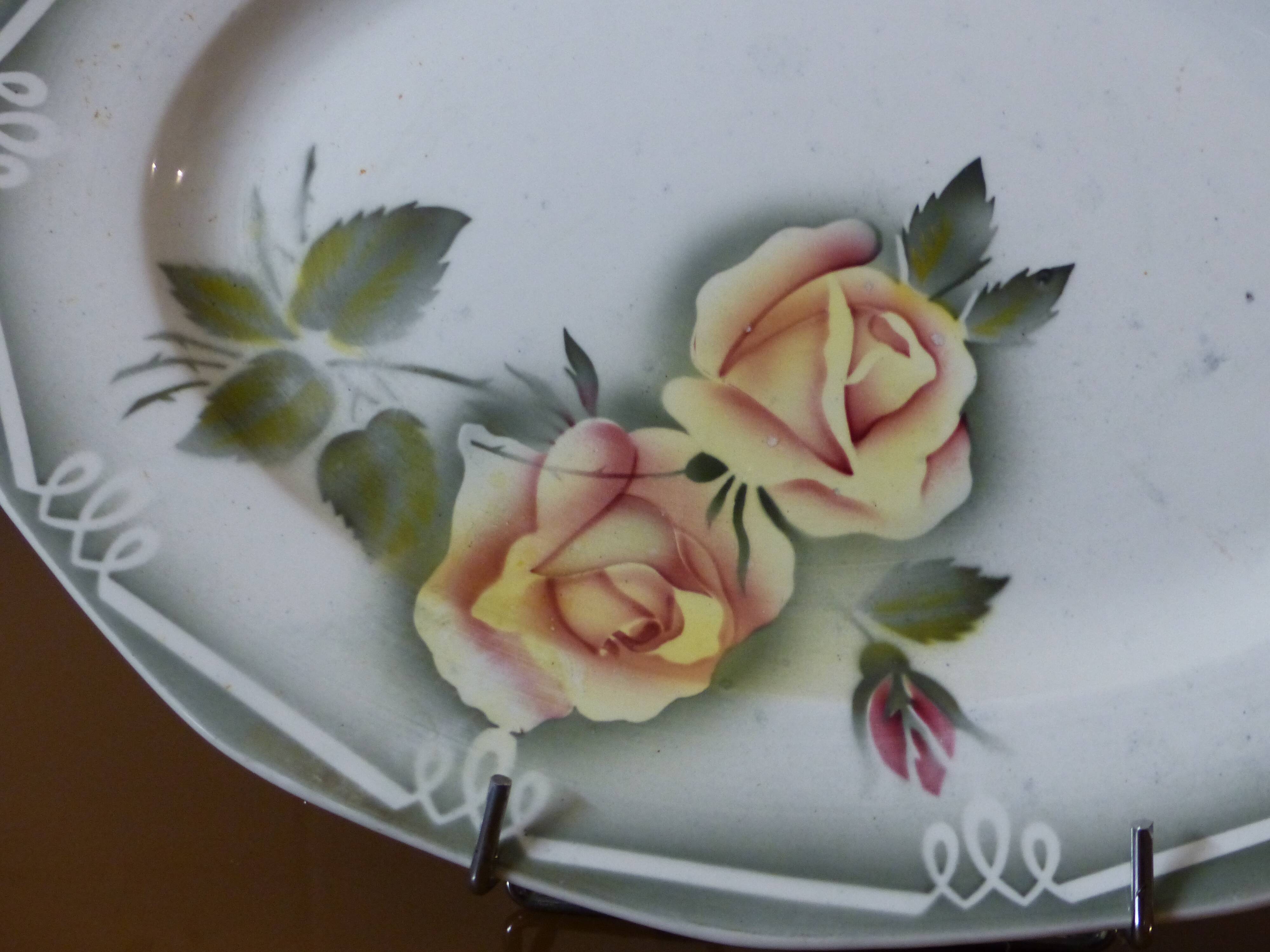 Old faience dish, digoin, sarreguemines, rose decoration.