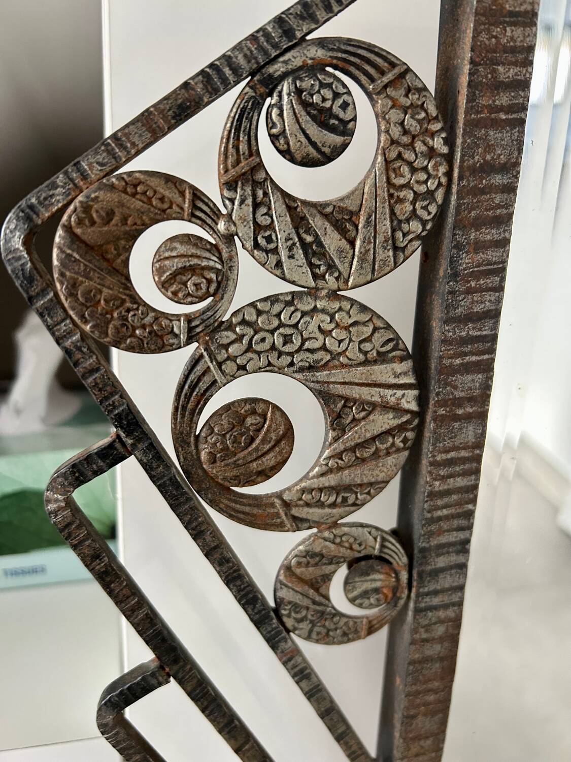 Art Deco mirror 1930 hammered iron and beveled mirror