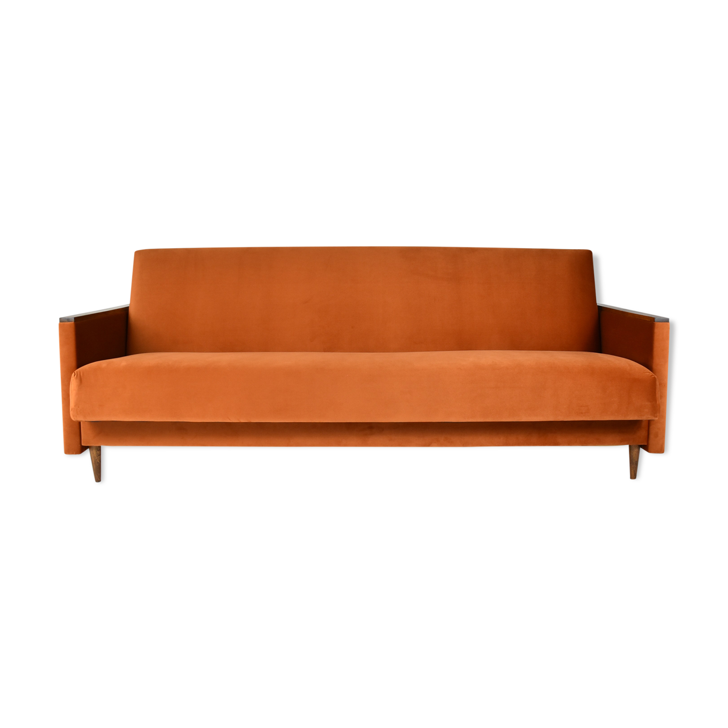 Vintage sofa, convertible couch, fully restored, 1960s, russet orange velvet