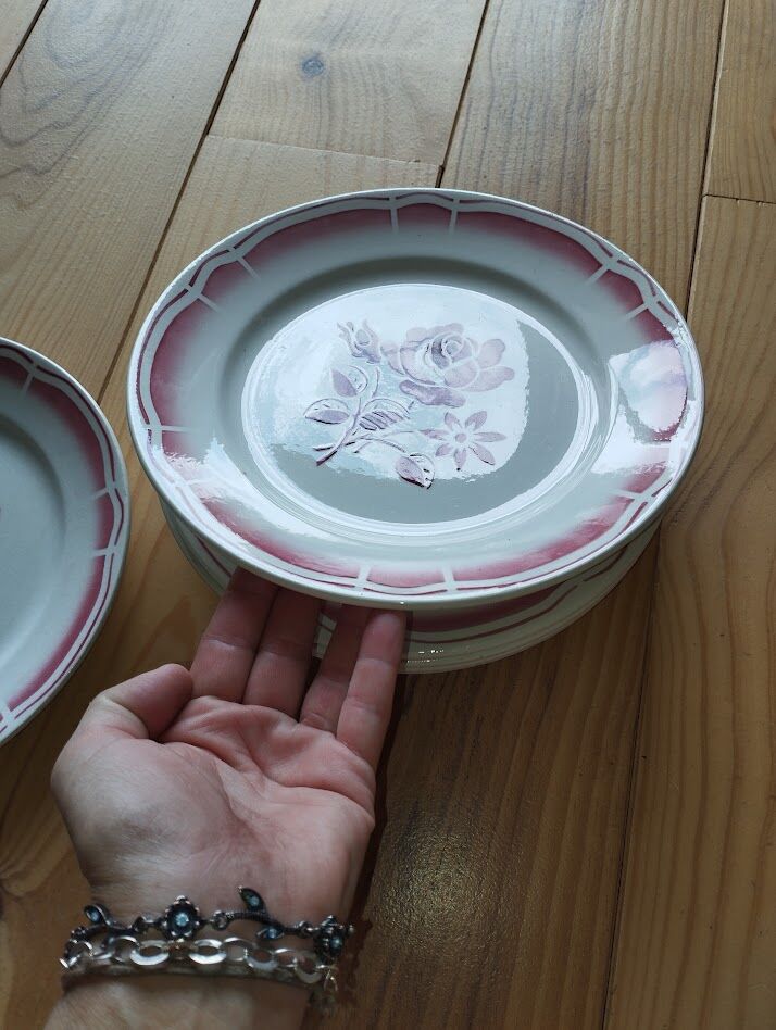 Set of 6 antique Badonviller flat plates in decorated earthenware.