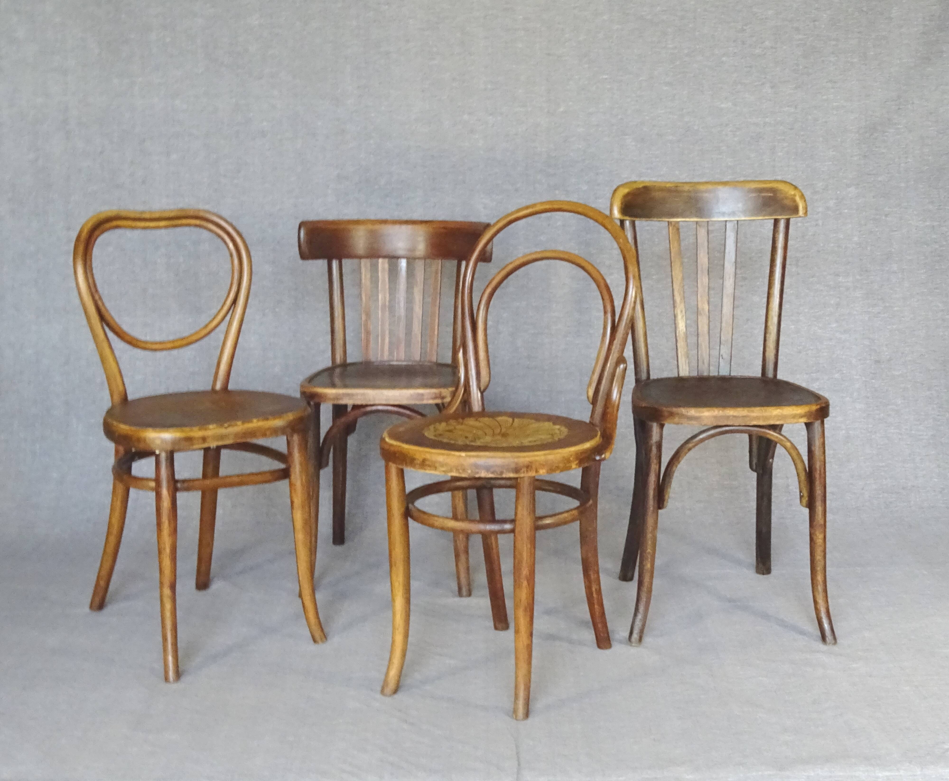 Set of 4 mismatched bistro chairs, from 1910 to 1935
