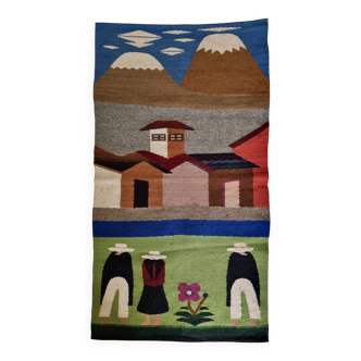 Tapisserie murale péruvienne tissée main, scène de village andin, 110 cm