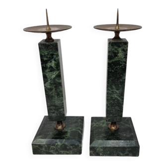 Vintage Green Marble Candlesticks, 1980s