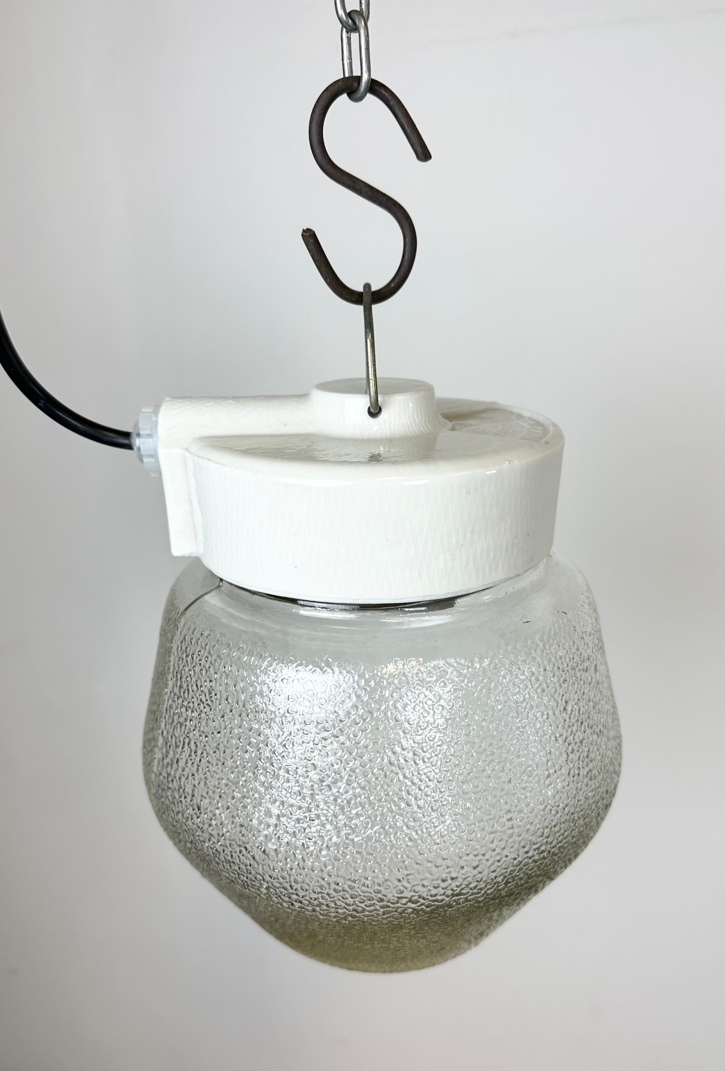 Vintage White Porcelain Pendant Light with Frosted Glass, 1970s