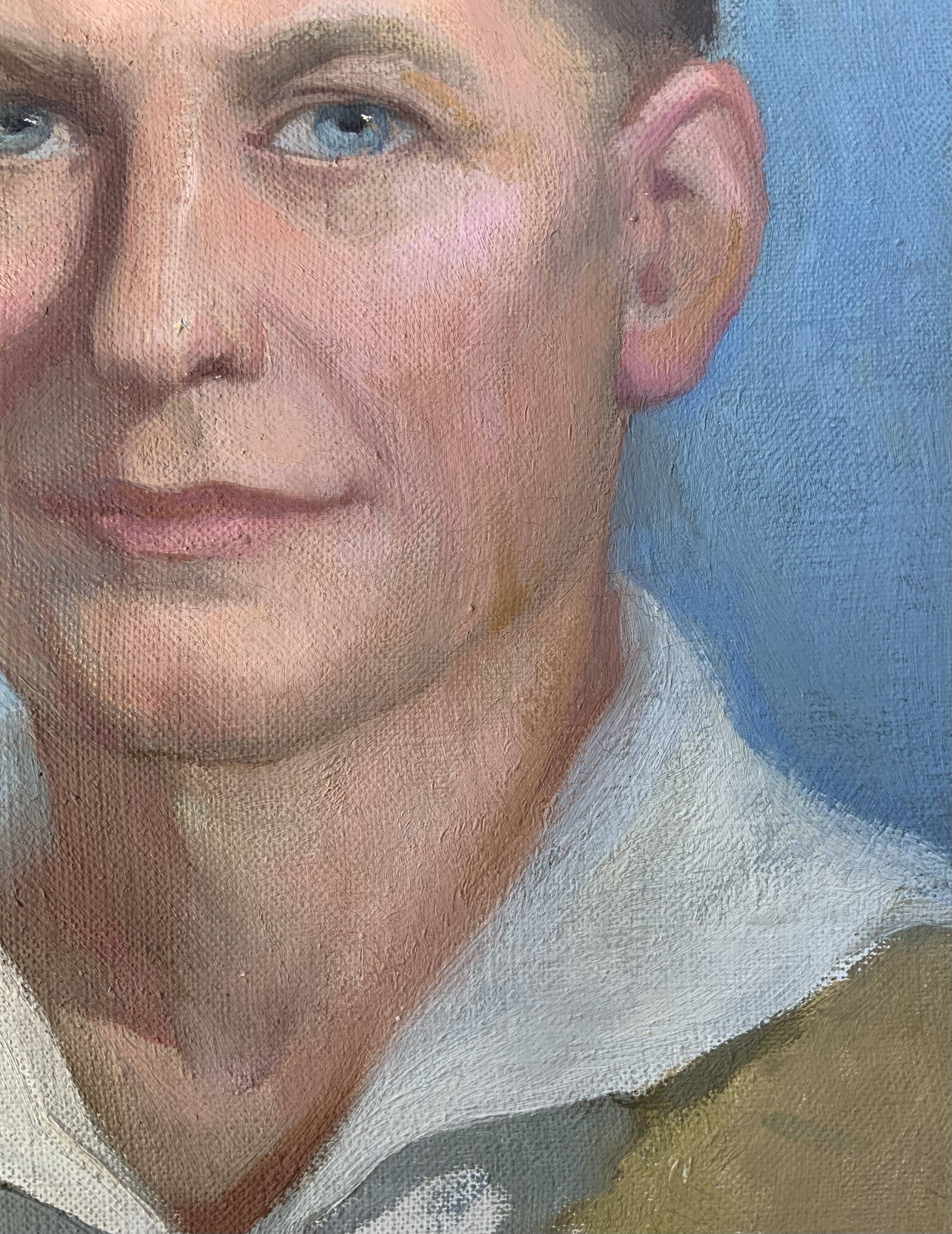 Vintage Oil On Canvas Men Portrait Signed, Small, 1950s