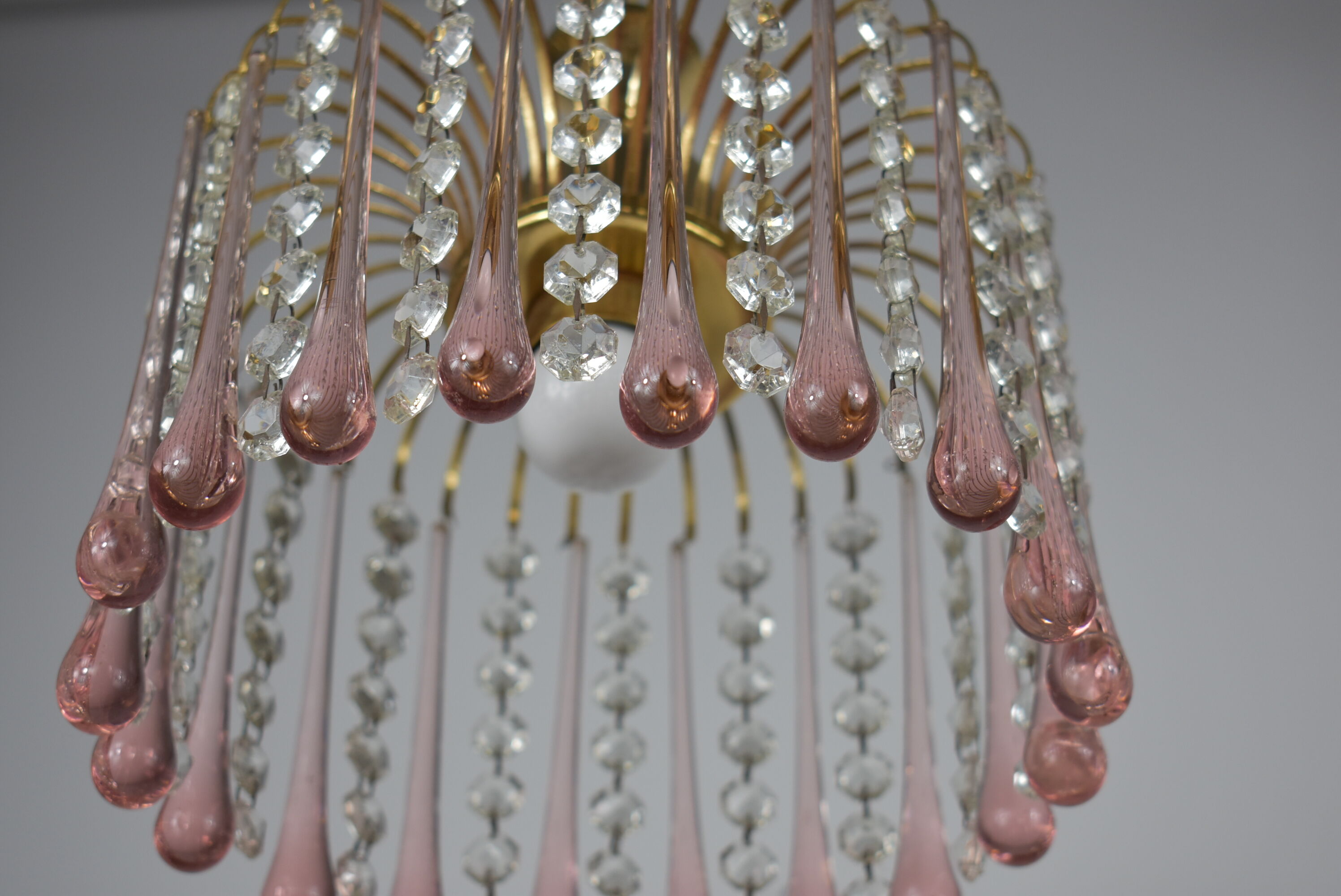 chandelier glass stamps, pink glass drops.