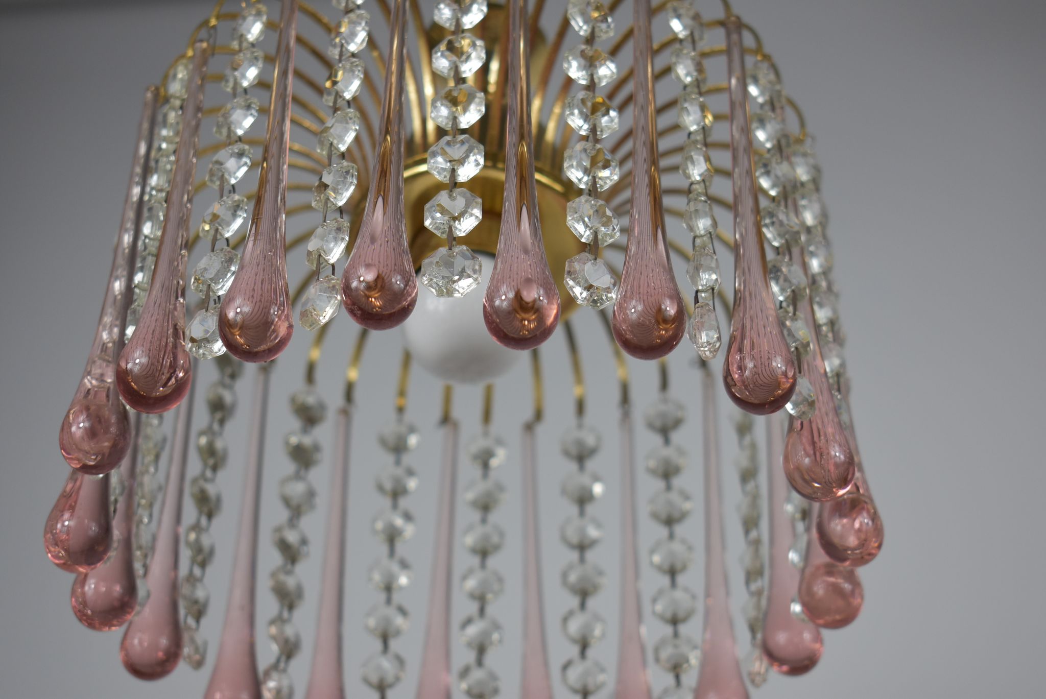 chandelier glass stamps, pink glass drops.