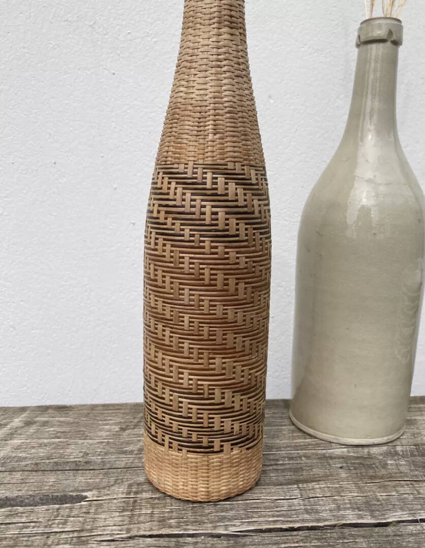 70s woven wicker rattan bottle
