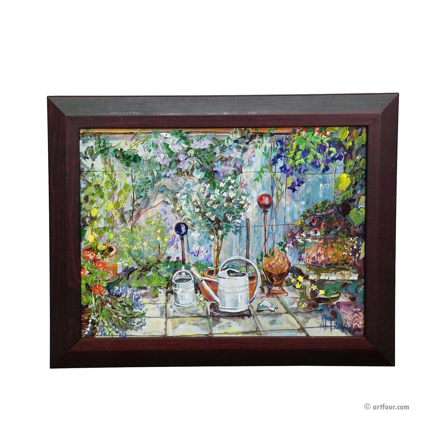 Garden clematis with watering cans, 2000 – Oil painting by Alexander Michael