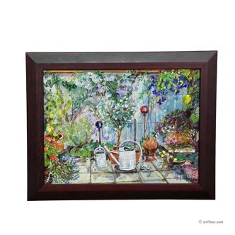 Garden clematis with watering cans, 2000 – Oil painting by Alexander Michael