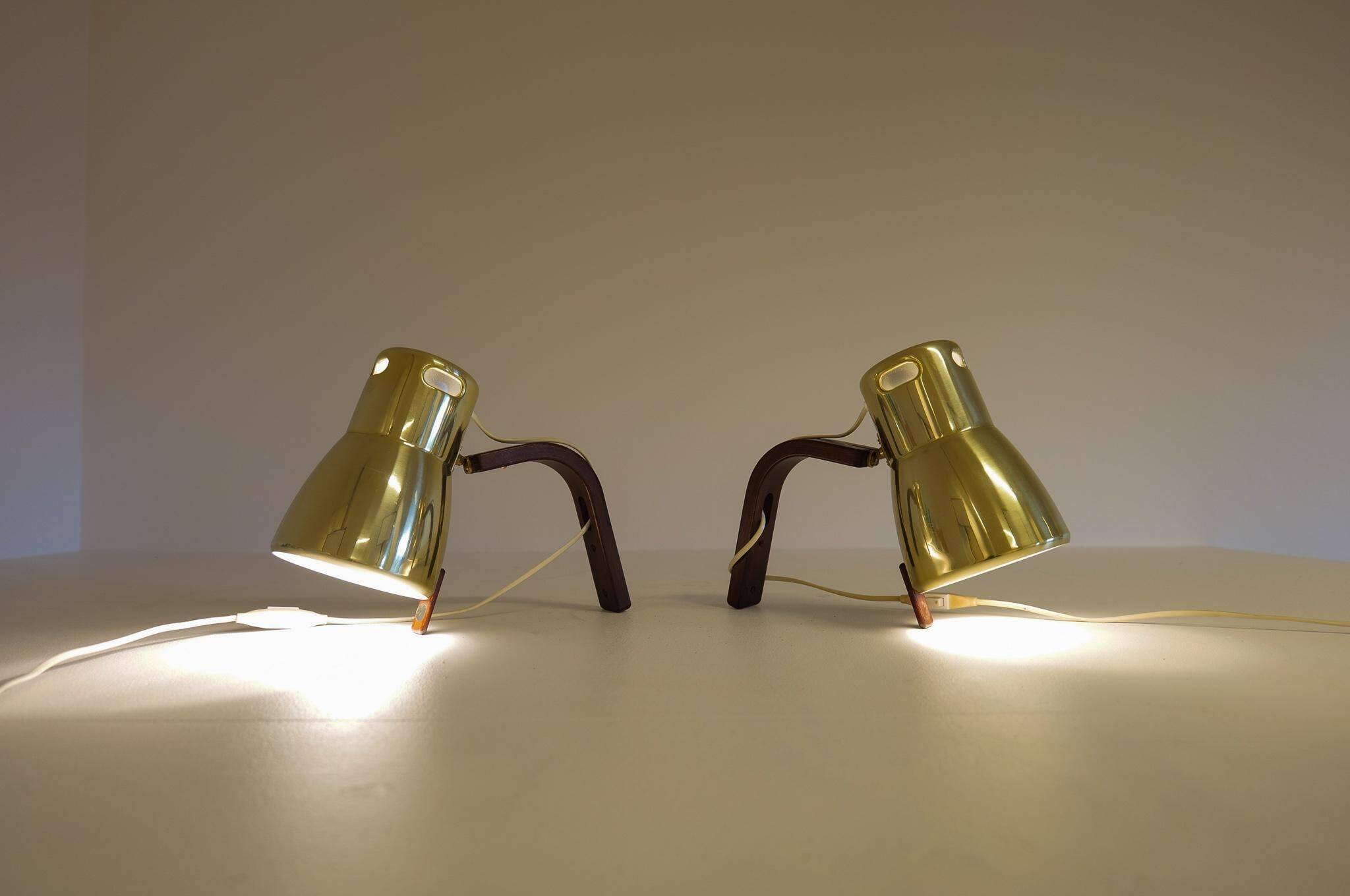 Hans-Agne Jakobsson Wall Lamps in Brass and Stained Wood, Sweden, 1970s