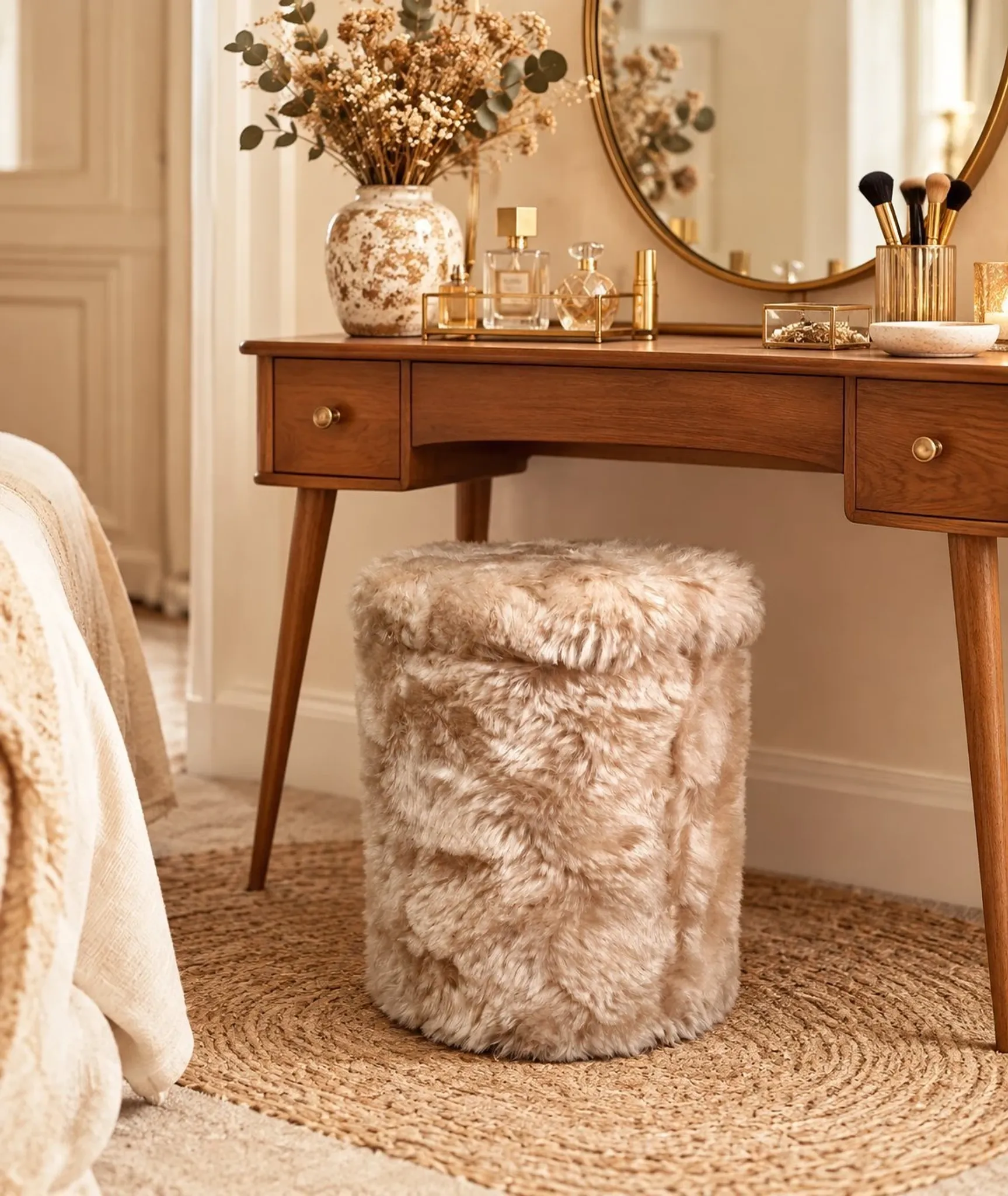 Beige faux fur cylindrical storage pouffe bohemian