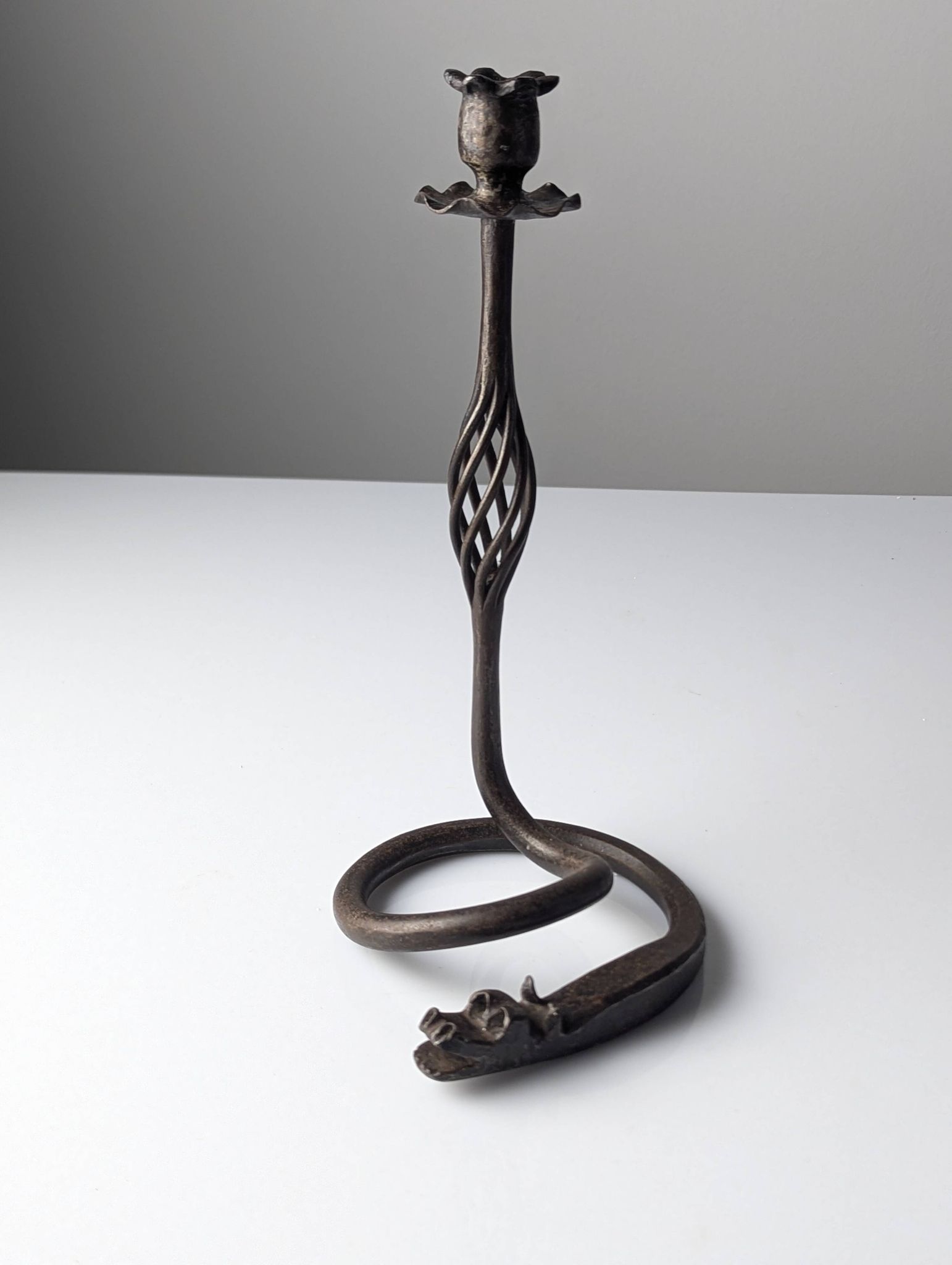 Wrought iron candelabra with dragon head, Samuel Yellin style, 20th century