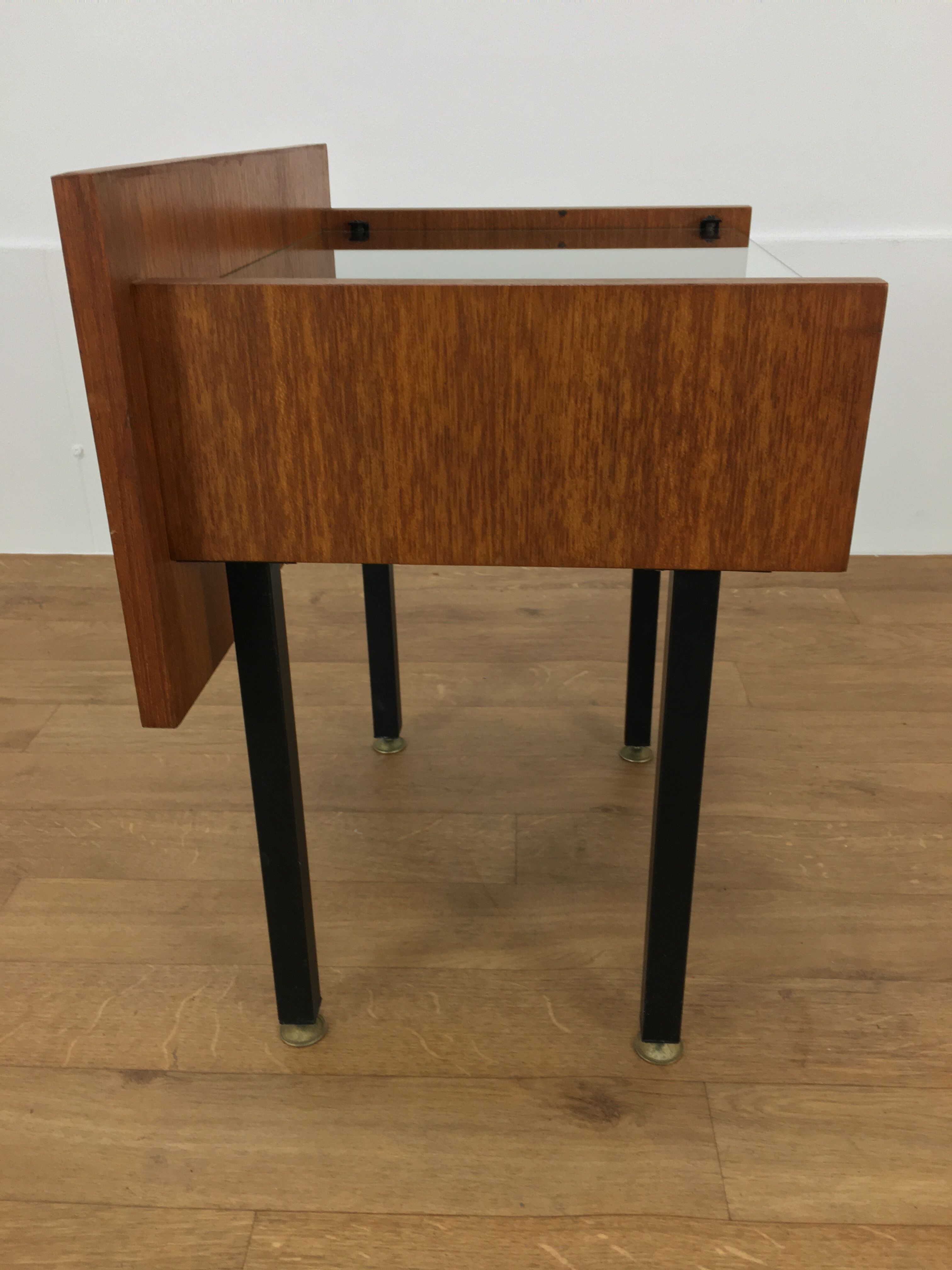 Modernist bedside table wood and glass 1950