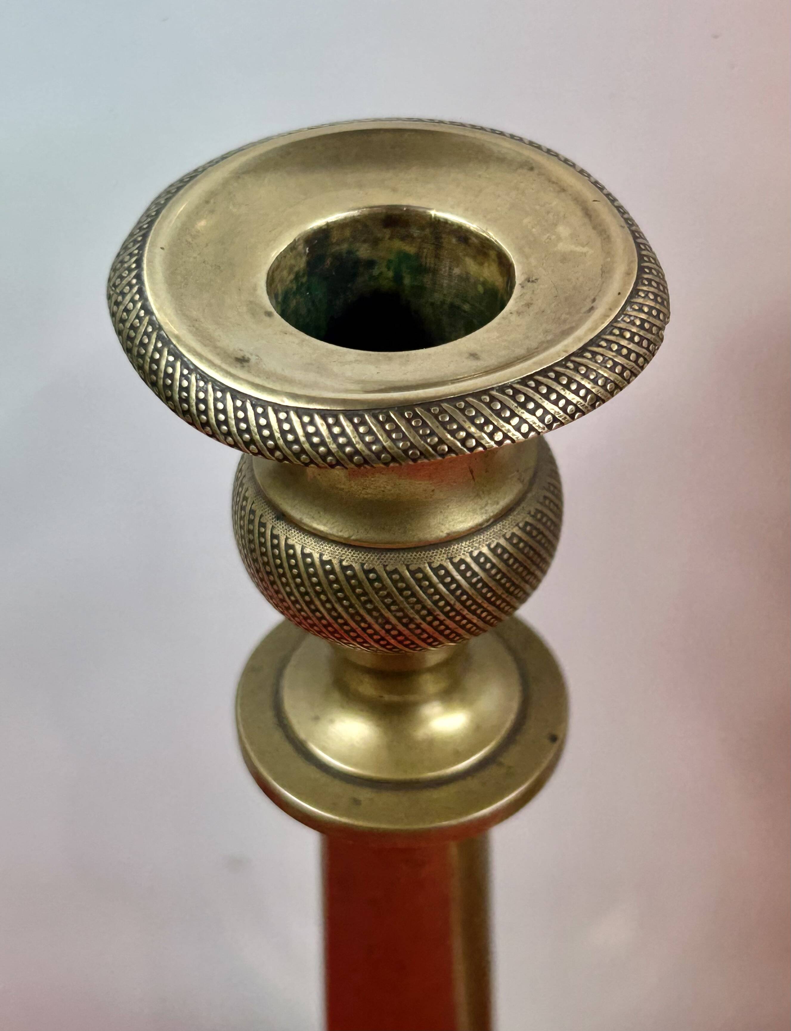 Pair of 19th-century restoration candlesticks in guilloché bronze - H 27 cm
