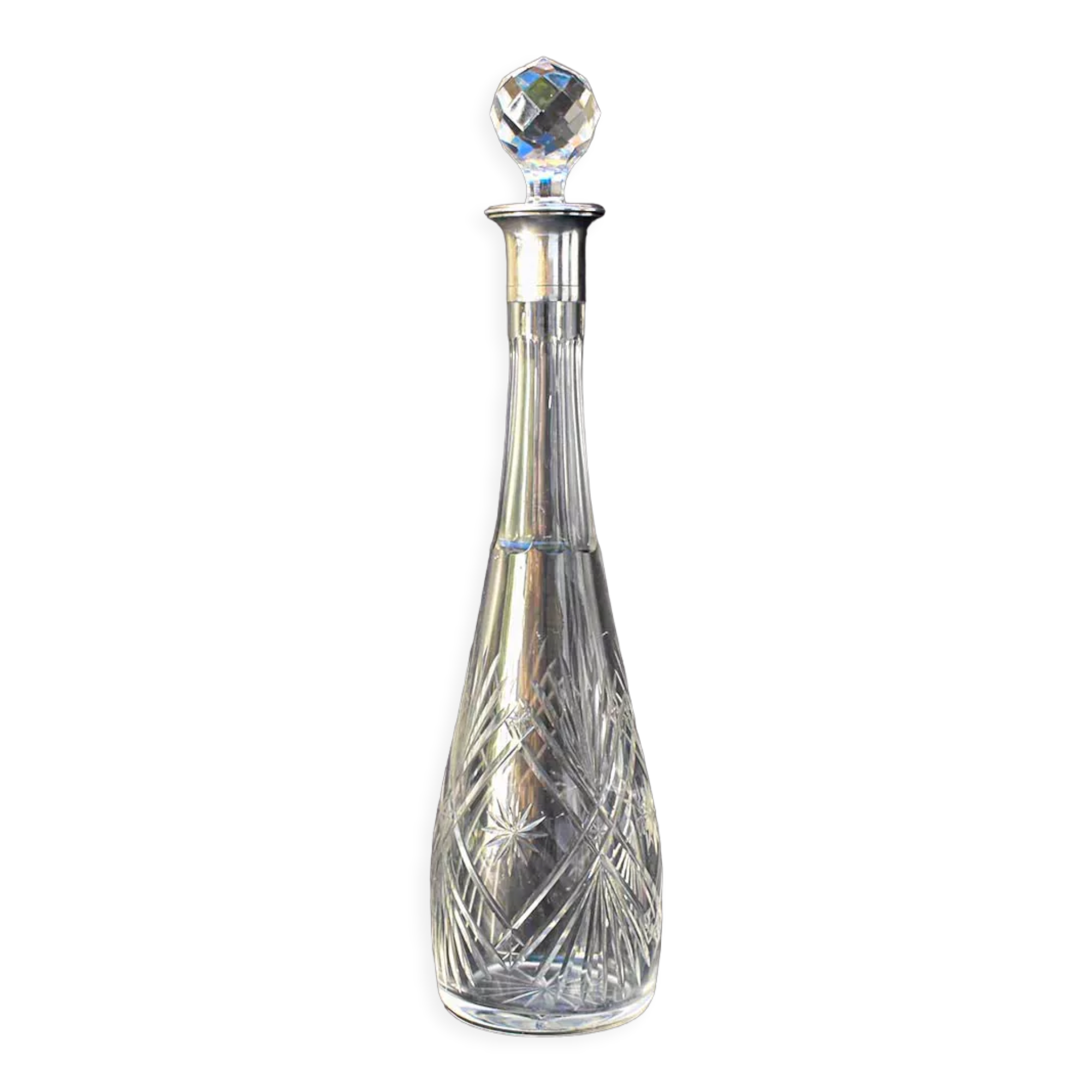 Carafe with antique glass liquor with diamond cap cut crystal silver frame