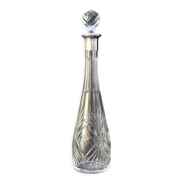 Carafe à liqueur ancienne verre avec bouchon diamant taillé cristal monture argent