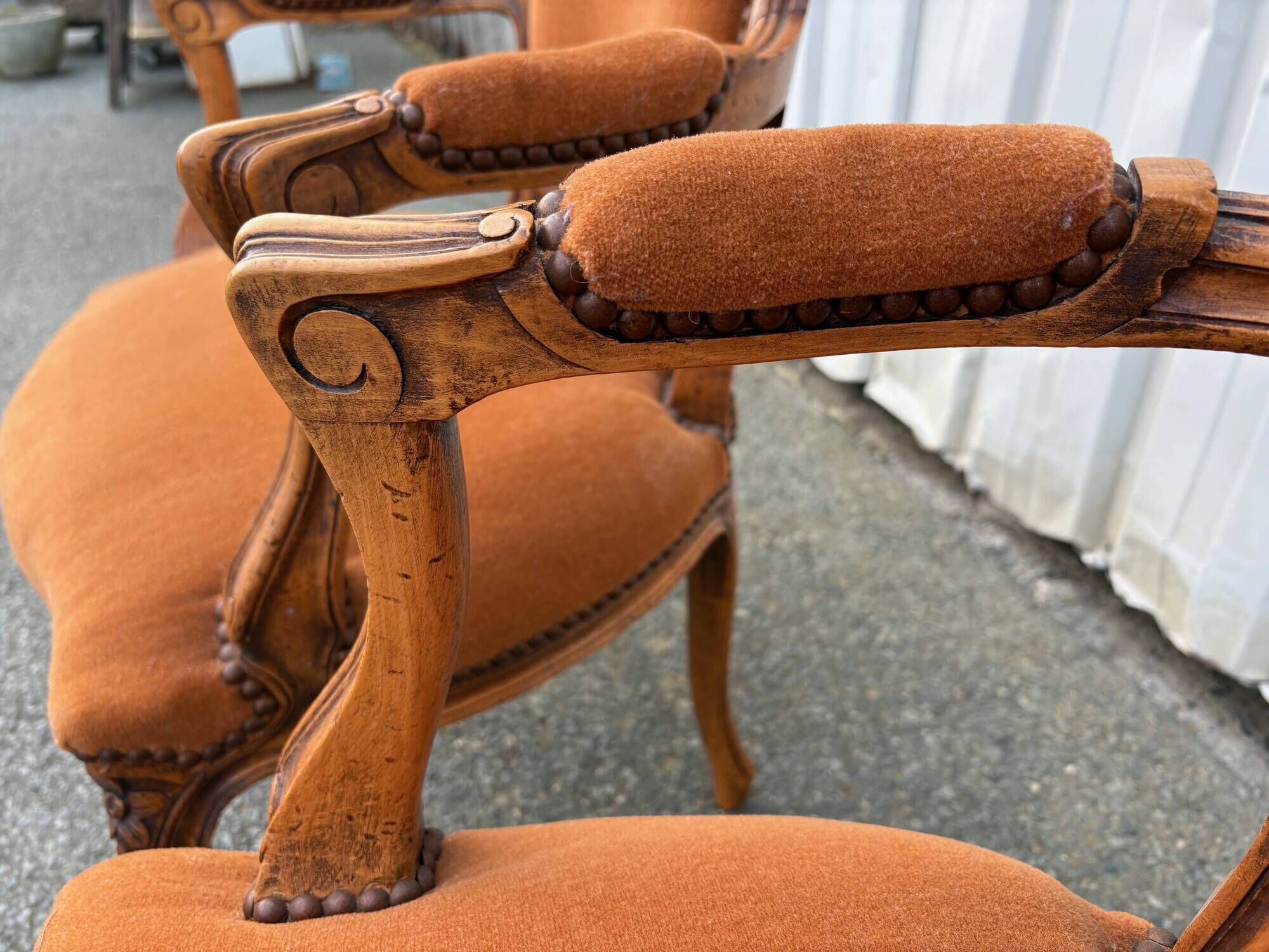 Pair of Louis XV style armchairs in ochre velvet