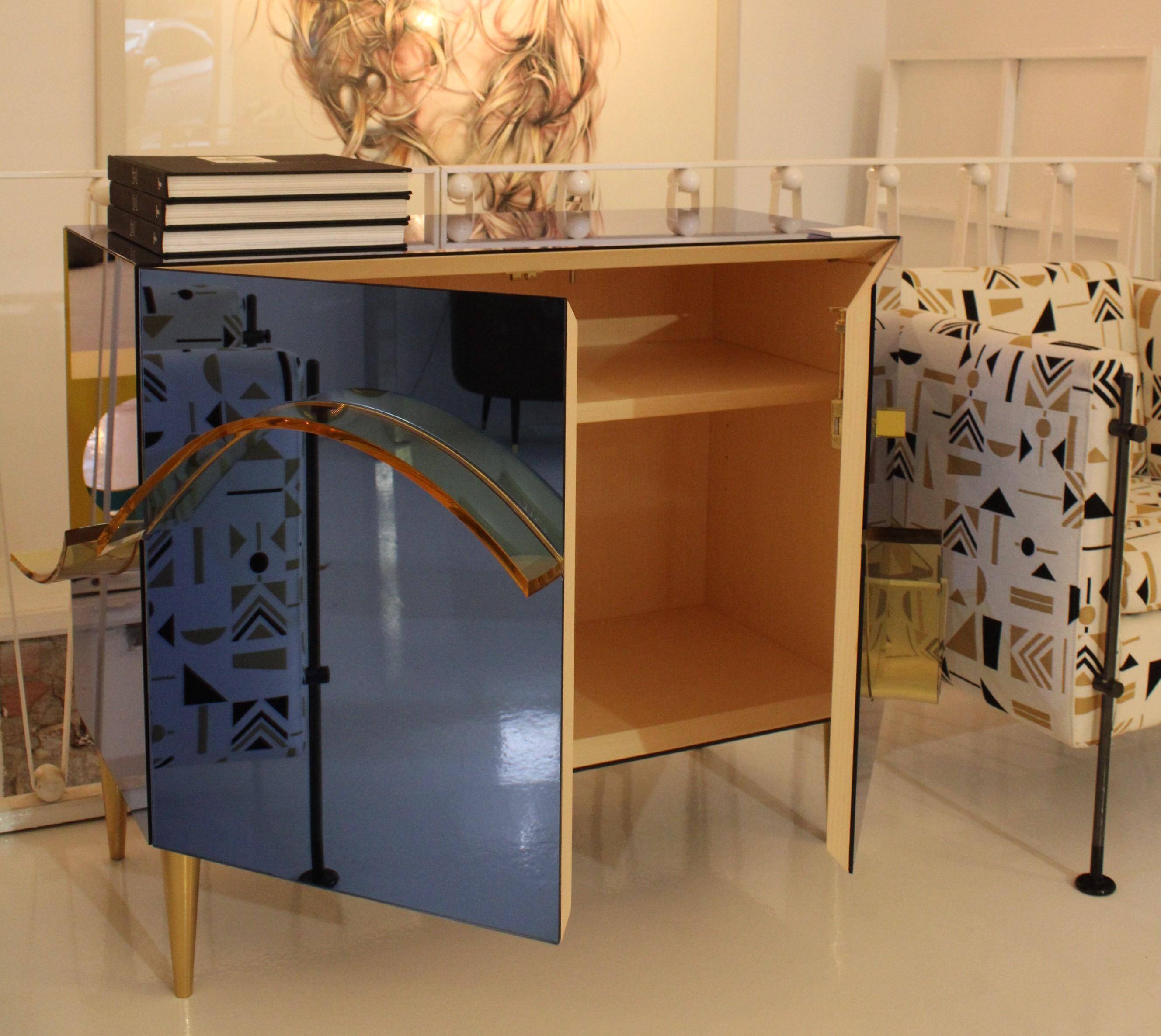 Italian Sideboard Covered In Blue and Orange Murano Mirrored Glass