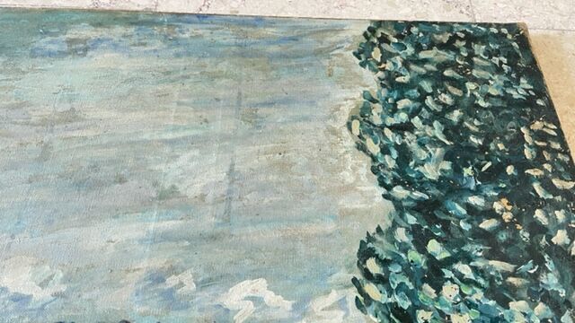 Oil on canvas landscape with 2 boats