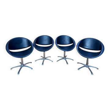 Set of 4 swivel shell chairs – 1980s – Karisma – Leather & Chrome metal