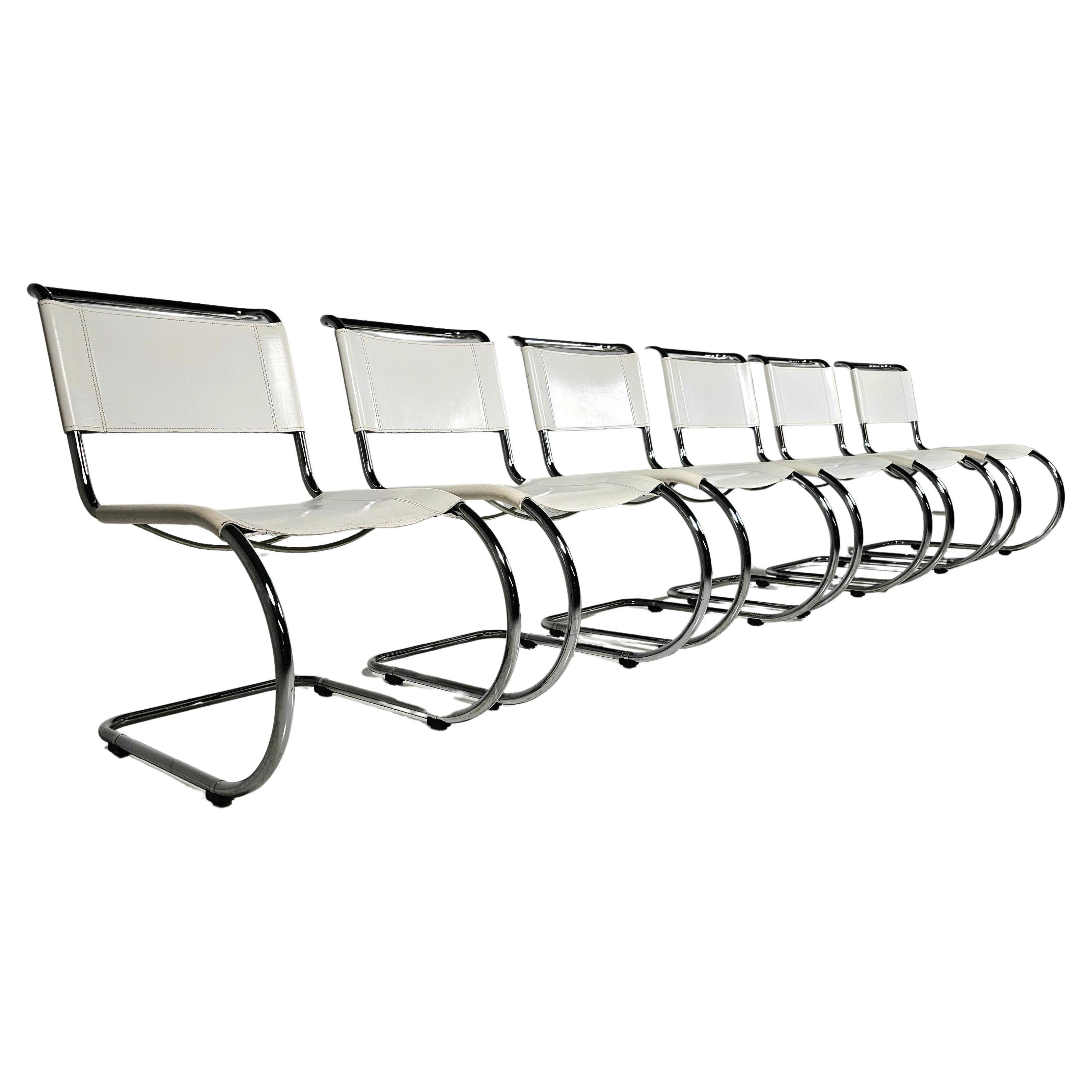 Set of 6 white cantilever dining chairs MR10 by Mies van der Rohe for Thonet, 1980s.