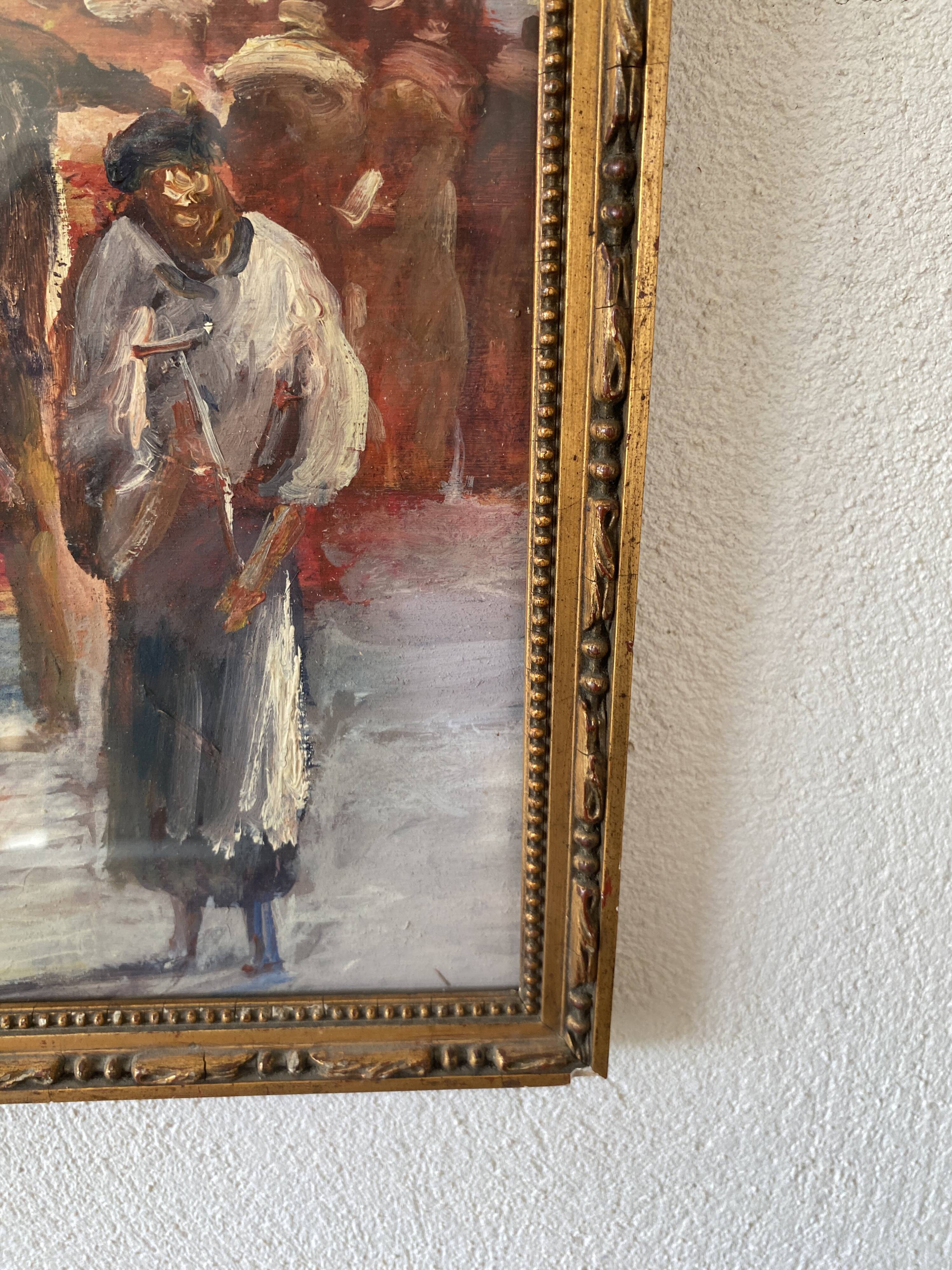 Oil painting “Sicilian procession” 1960, wooden frame and glass