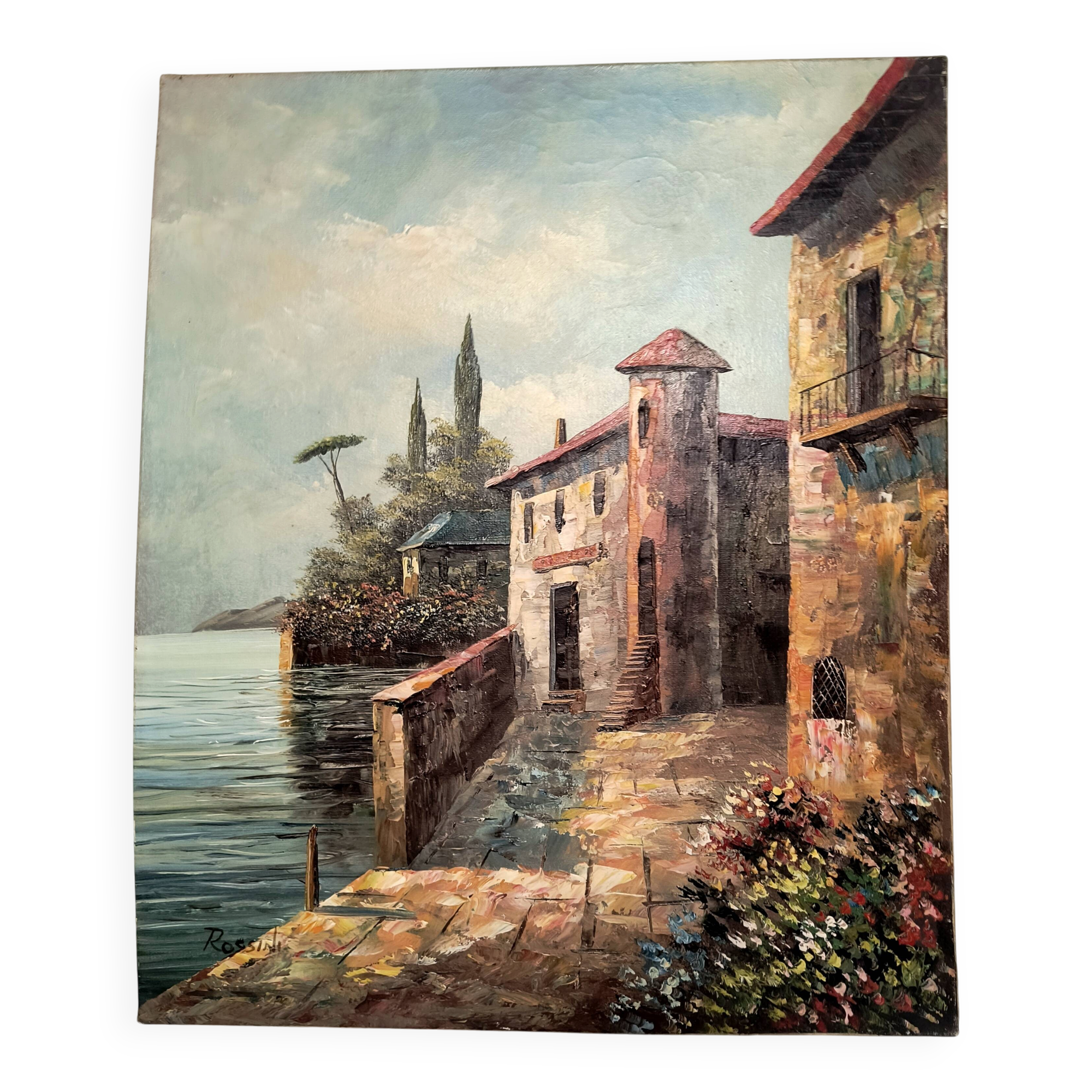 Vintage oil painting "Mediterranean Seaside" – Signed Rossini