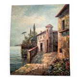 Peinture à l'huile vintage "Bord de mer méditerranéen" – Signée Rossini