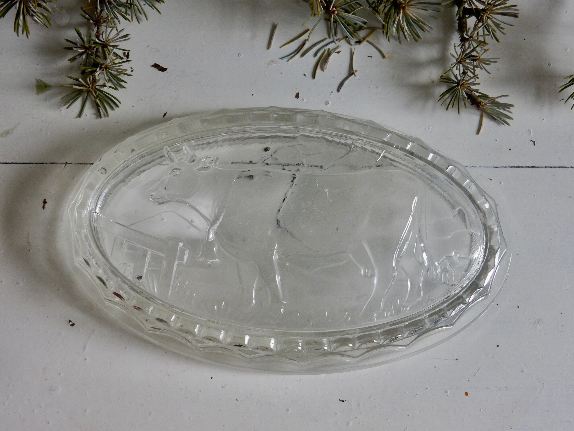 Glass butter with cow motif made in France