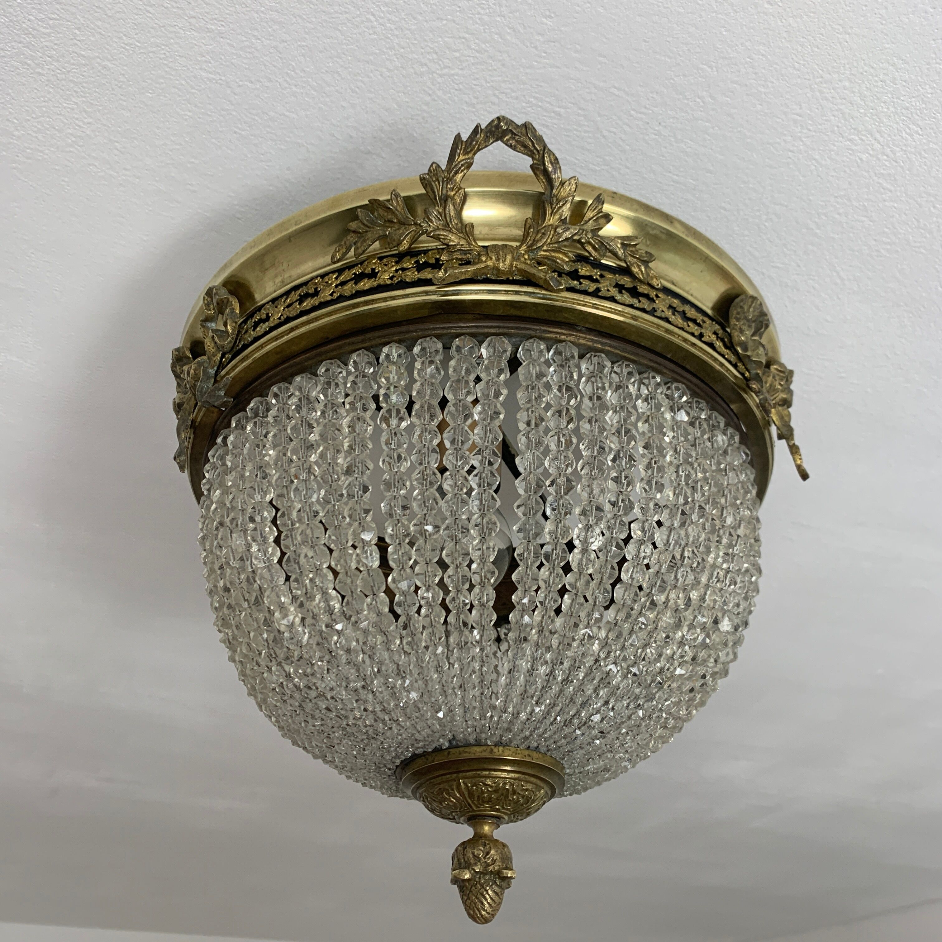 Ceiling light basket old 19th brass and faceted glass beads