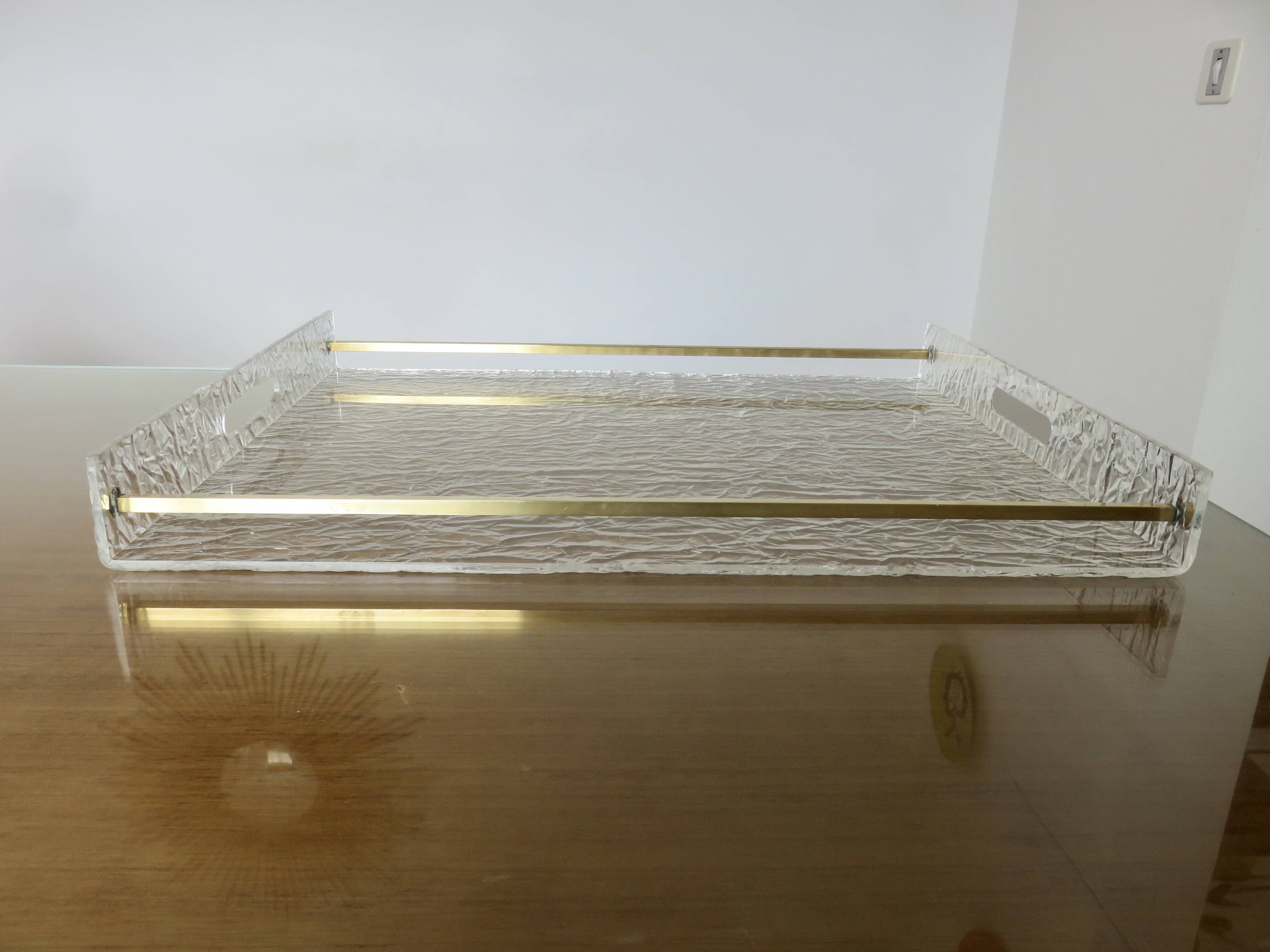 Very large "Roche Bobois" tray in plexiglass and solid brass, 1970s