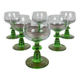 Set of 6 vintage wine glasses with emerald green stem
