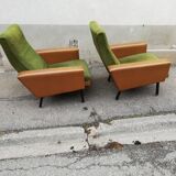 Pair of green vintage armchairs and brown skai