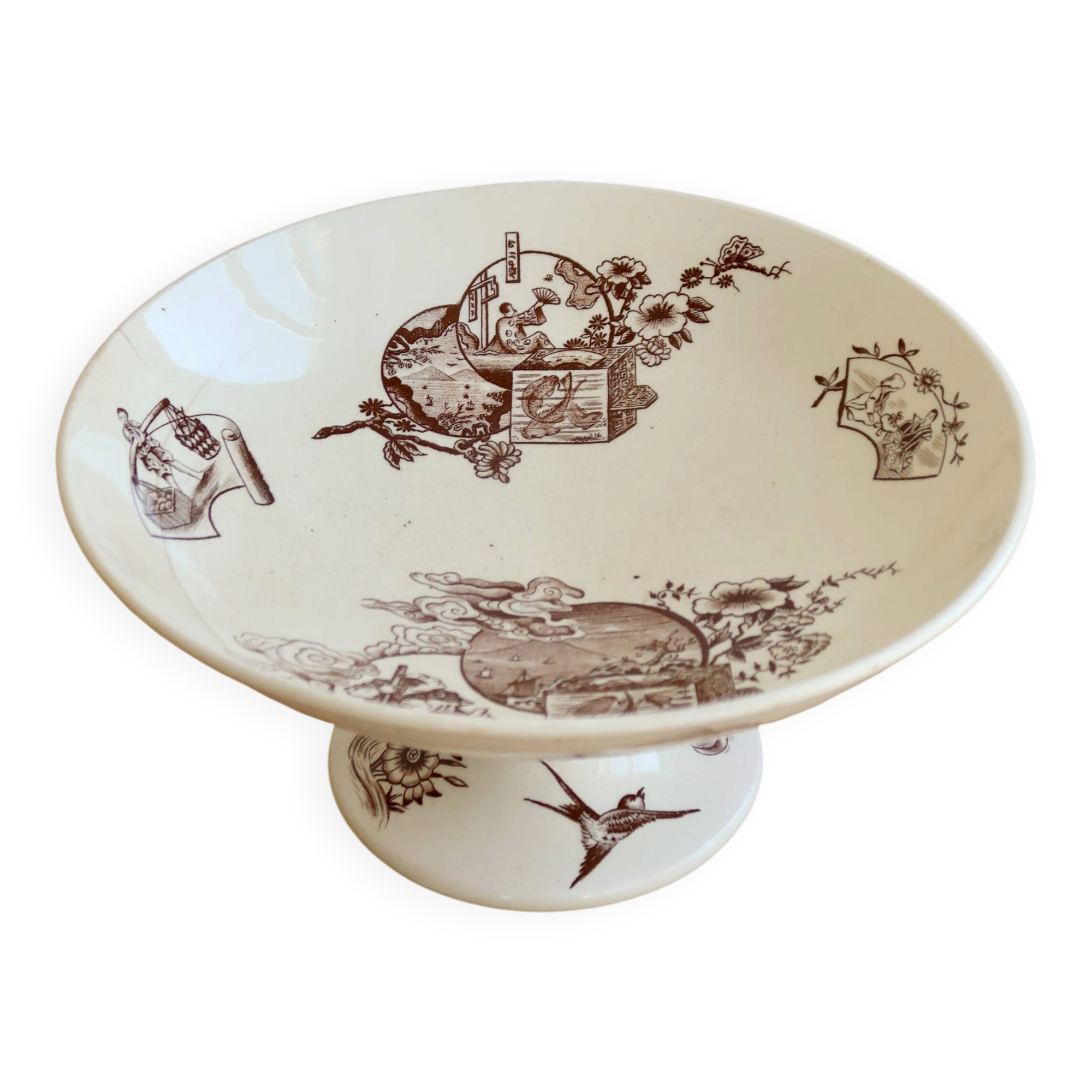 Antique compote dish made of ironstone, ivory and sepia, Clairefontaine with oriental decoration.