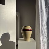 Large beige vase with blue and pink trim H27 D21