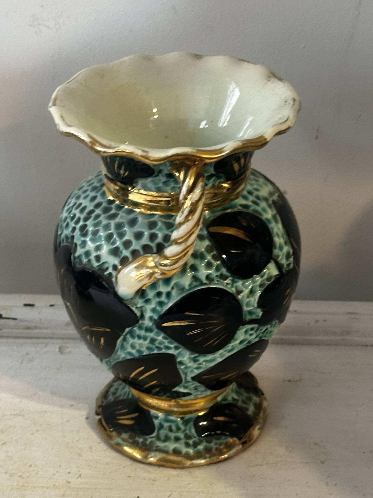 Pair of Vallauris vases in turquoise and black ceramic enhanced with o