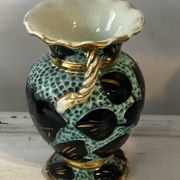 Pair of Vallauris vases in turquoise and black ceramic enhanced with o