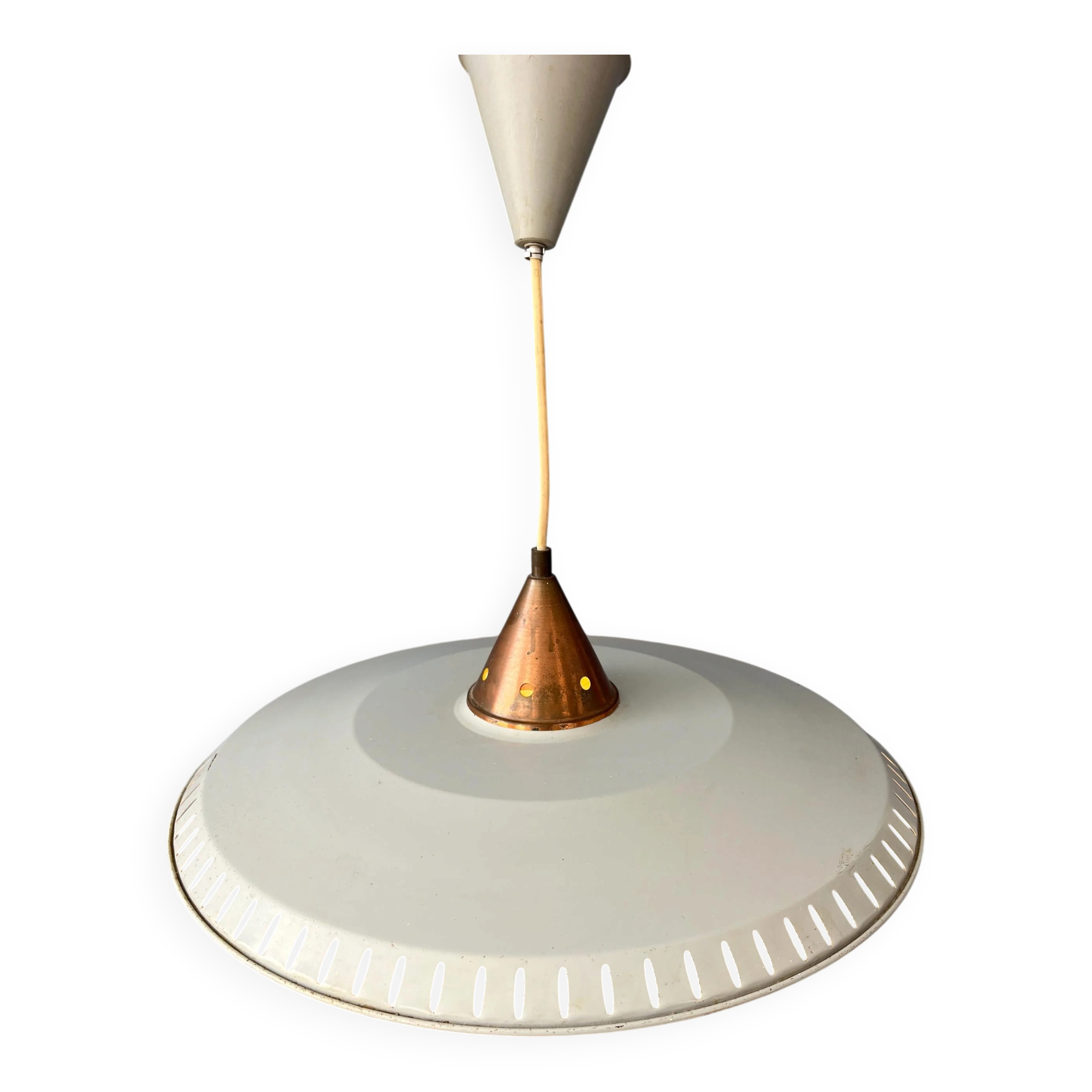 Vintage suspension by Louis Kalff in enamelled metal and opaline glass.