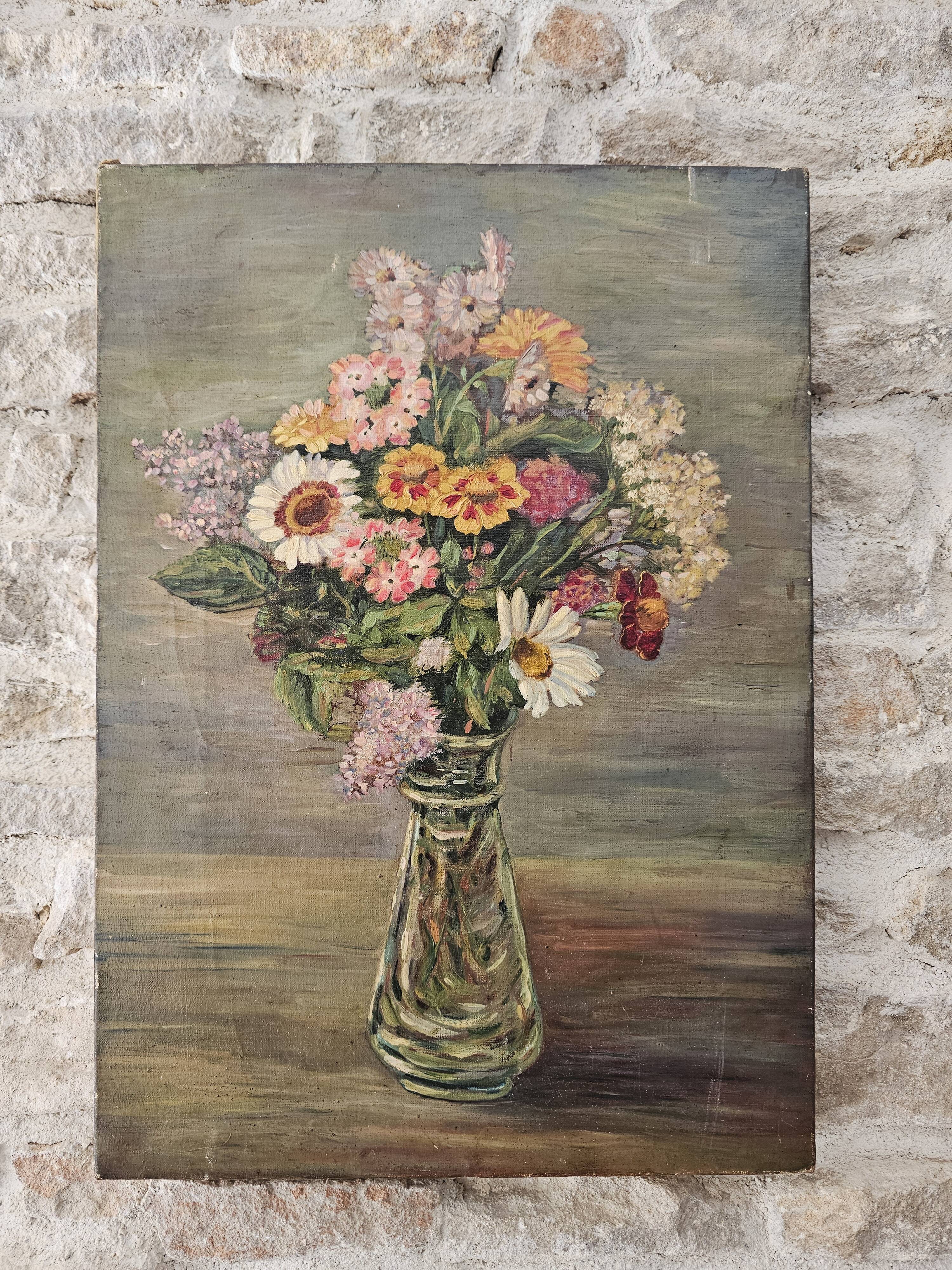 Old Oil on Canvas Painting - Still Life Spring Flower Bouquet