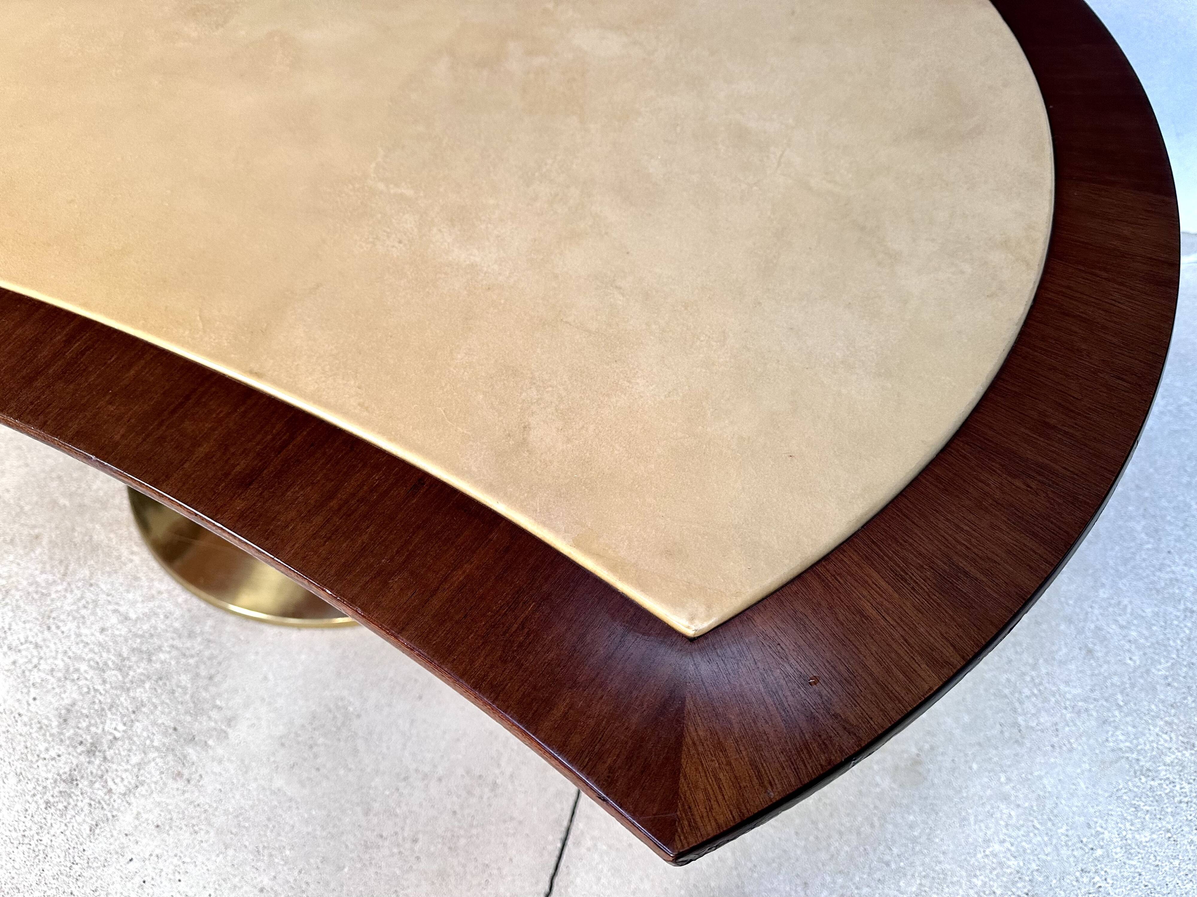 Large Italian Single Column Crescent-Shaped Desk in Goat Skin & Brass 1950s