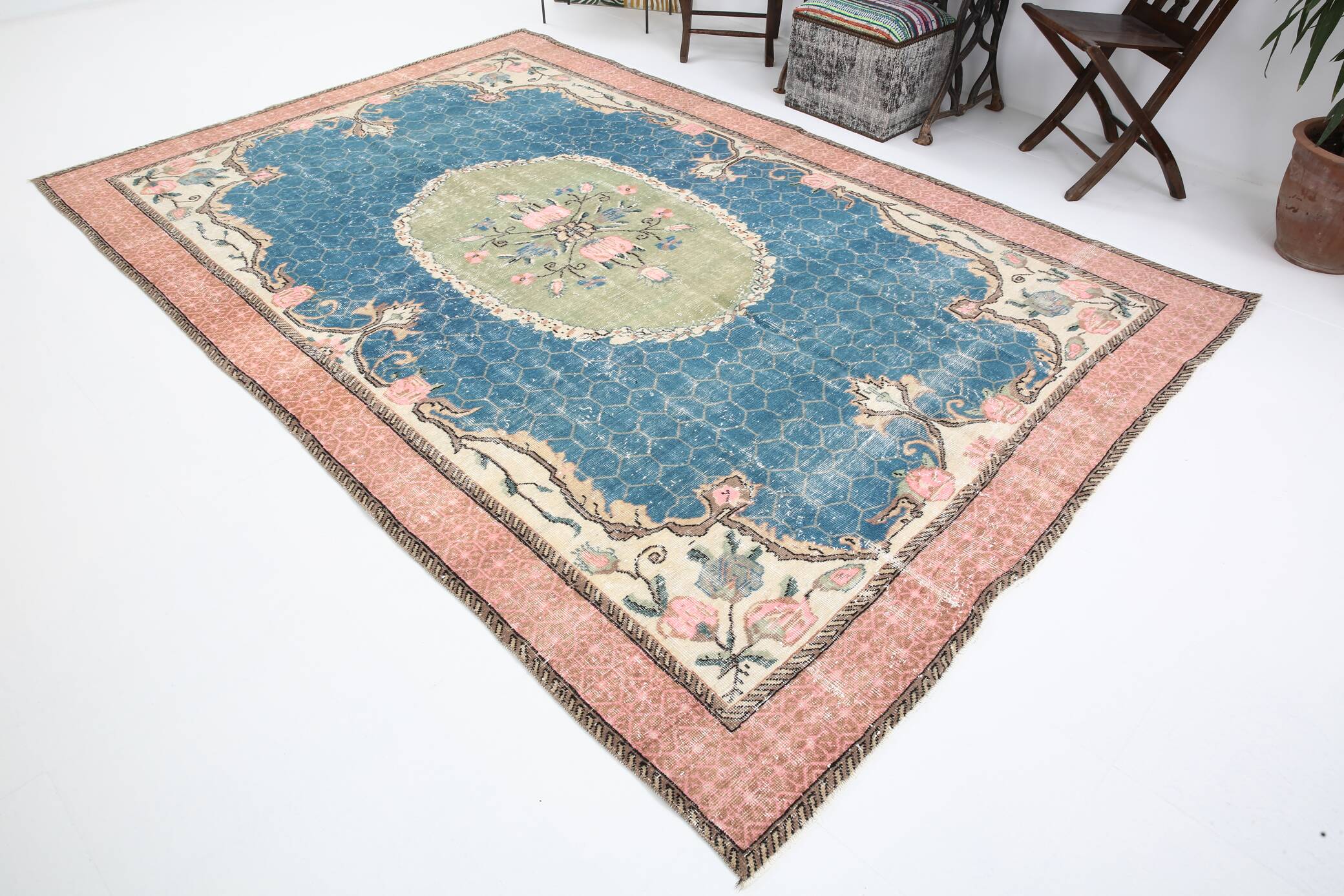 7x10 Blue & Green Handmade Turkish Vintage Rug, 211x320 Cm SK4996