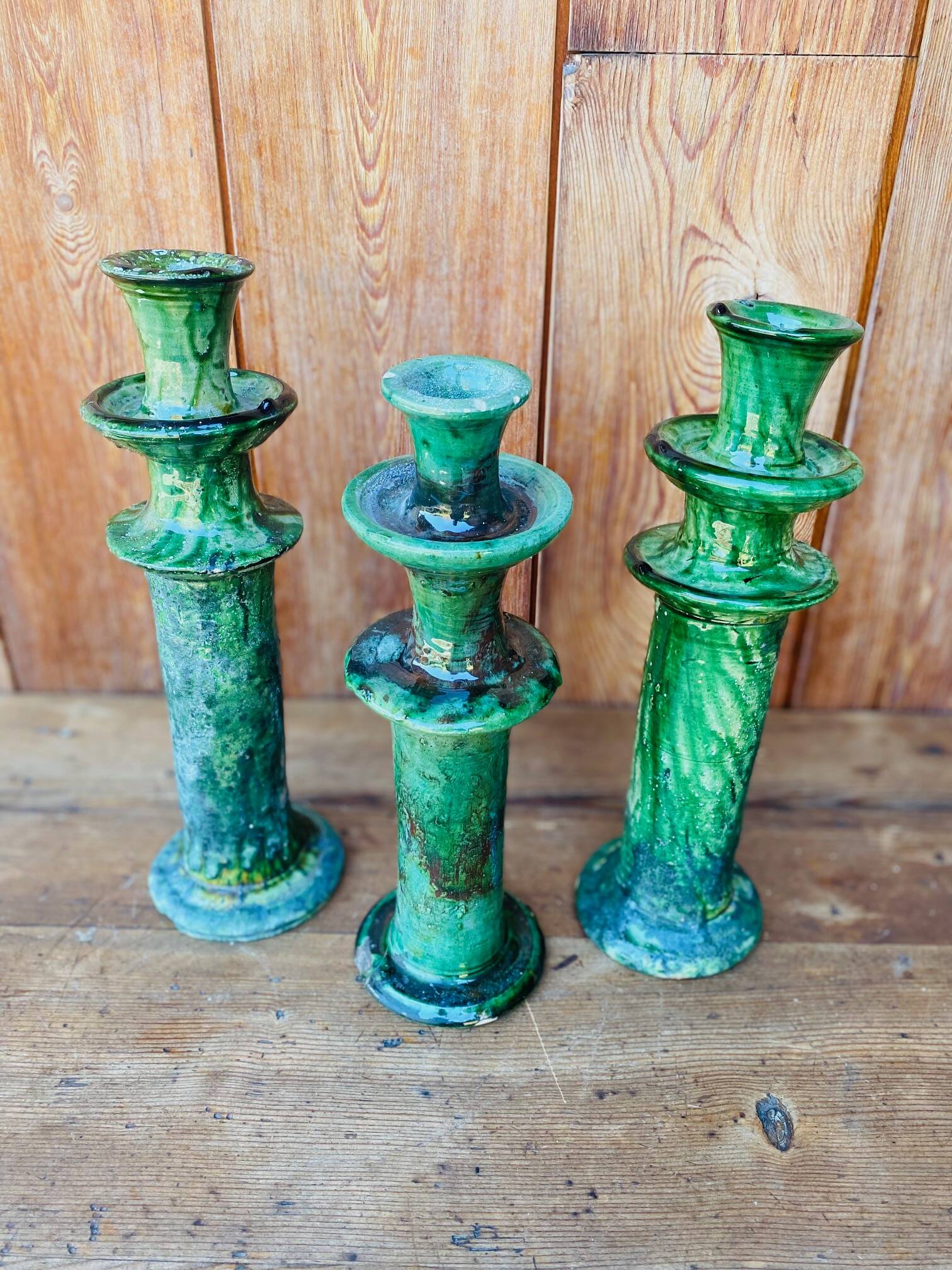 3 Tamegroute candle holders in green glazed ceramic from Morocco.