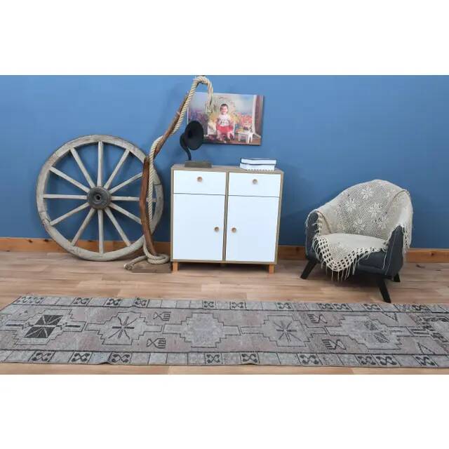 Vintage 1970s Geometric Turkish Oushak Handmade Brown Runner 82x354