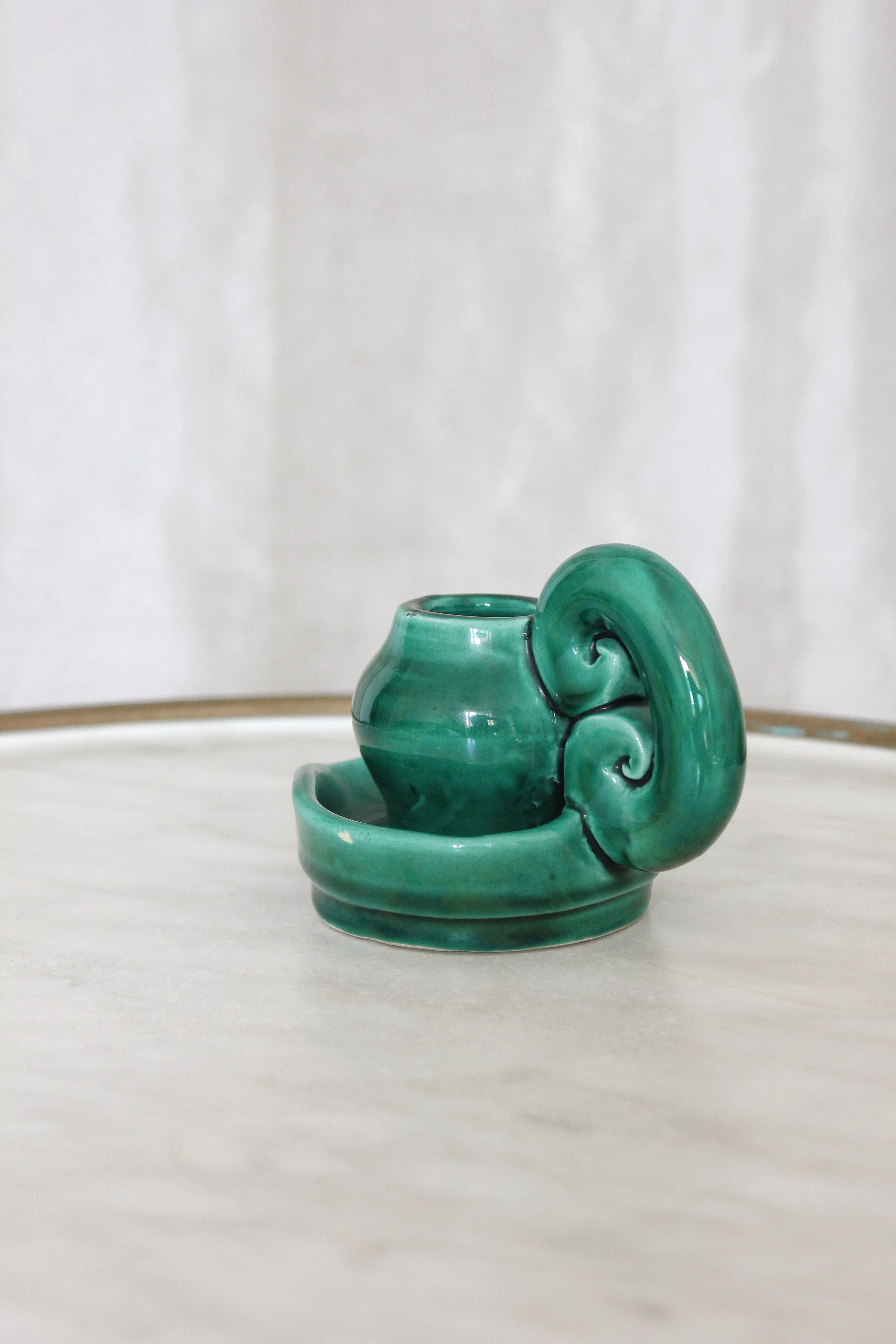 Vintage green slip ceramic candle holder